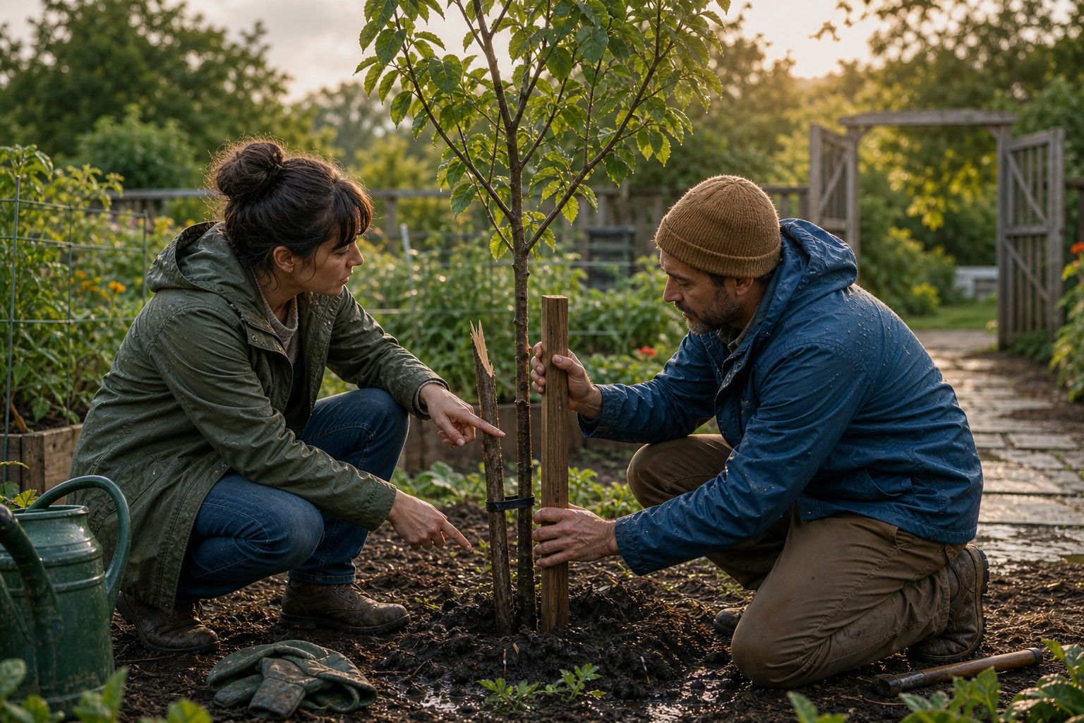 Two adults work together in a garden to replace a broken support stake beside a young tree.