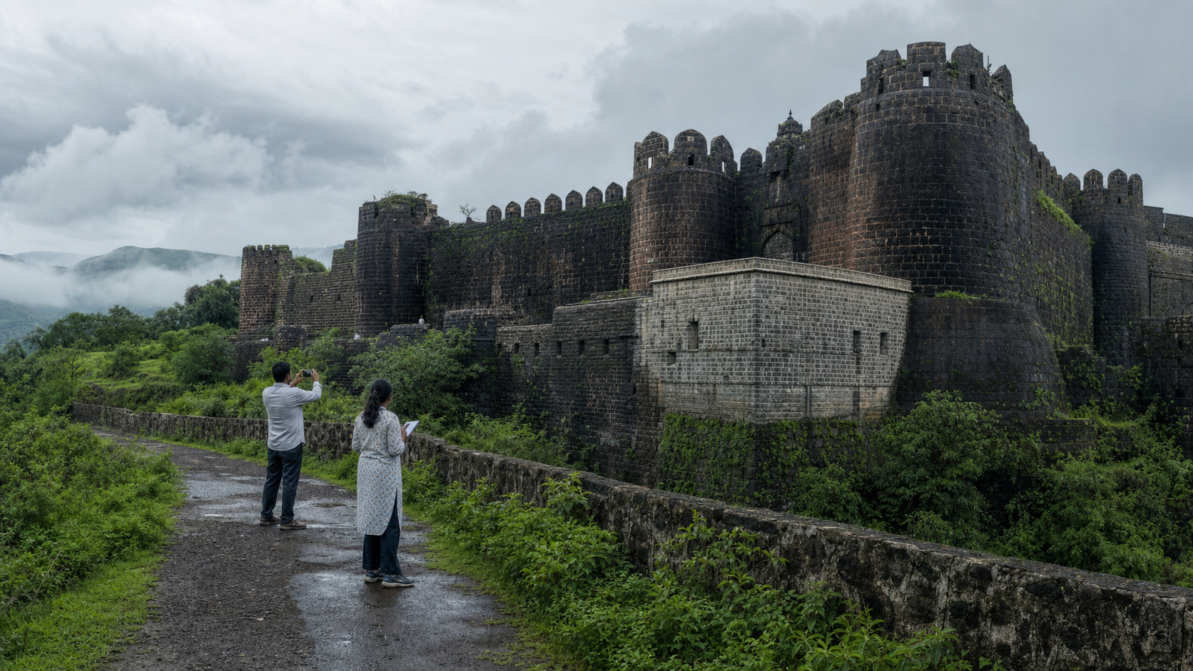 Two citizens document a masonry addition from a public path overlooking the basalt ramparts and green plateau of Panhala Fort.