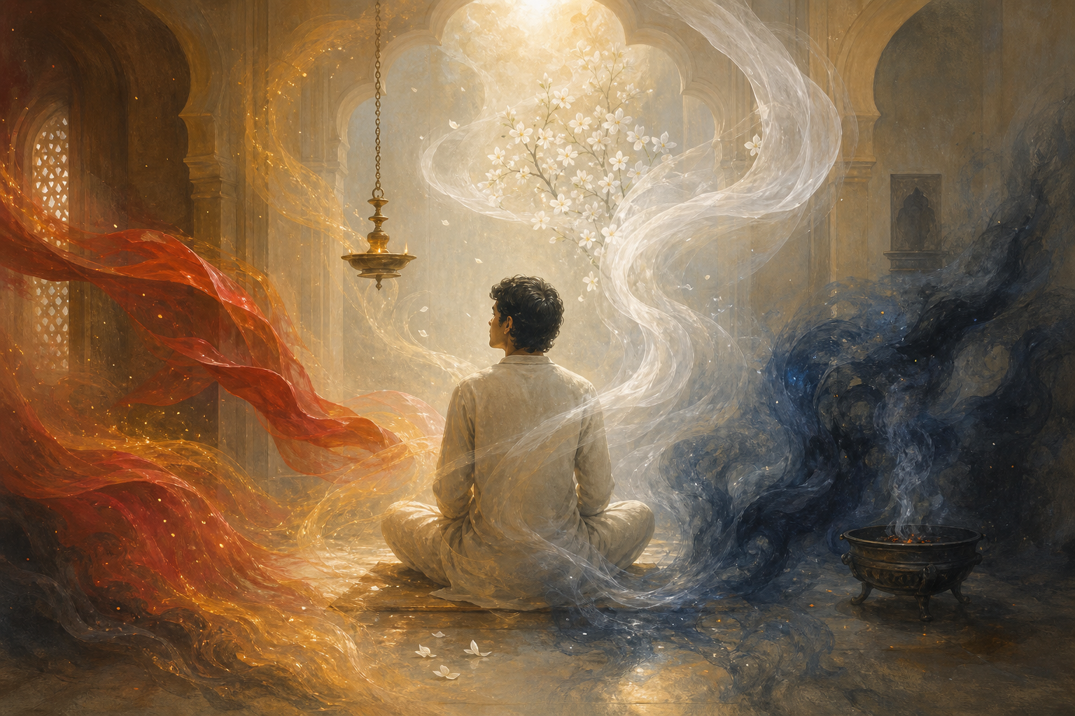 A seated person observes three overlapping currents of pale light, red-gold motion, and dark blue-gray mist within one room.