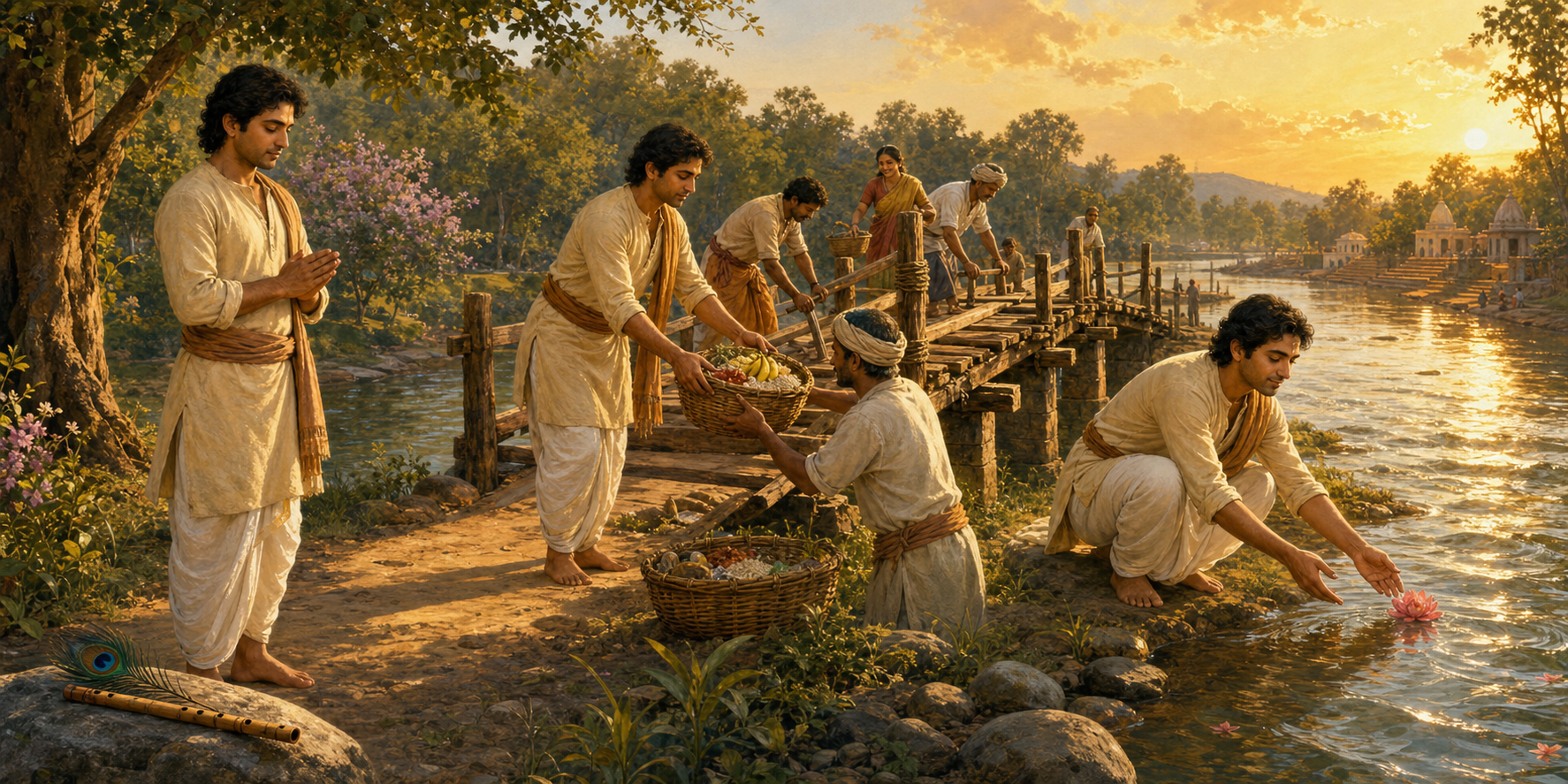 A continuous scene shows a householder setting an intention, serving alongside neighbors, and releasing a flower into a river.