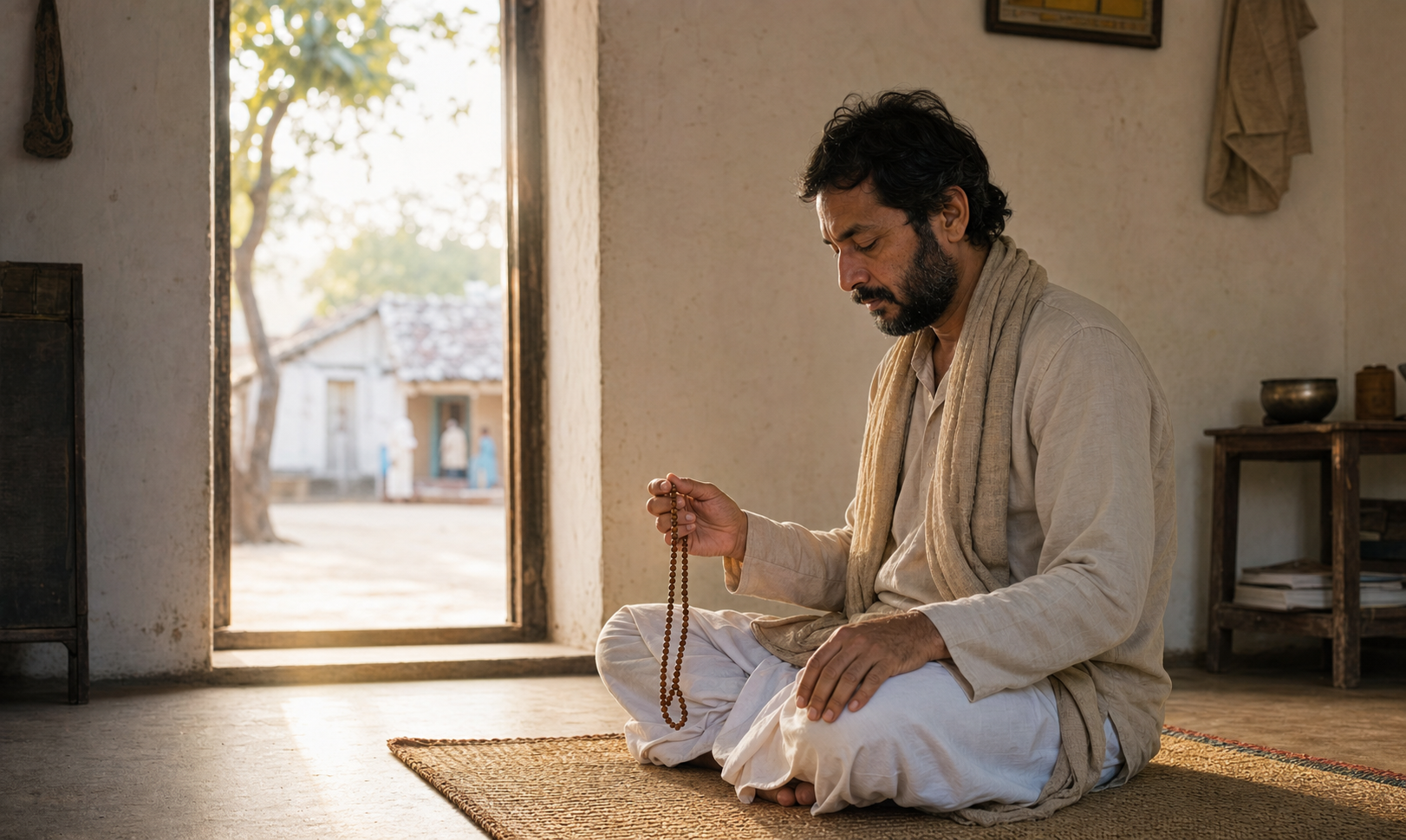 A person chants quietly with wooden prayer beads on a woven mat beside an open doorway at dawn.