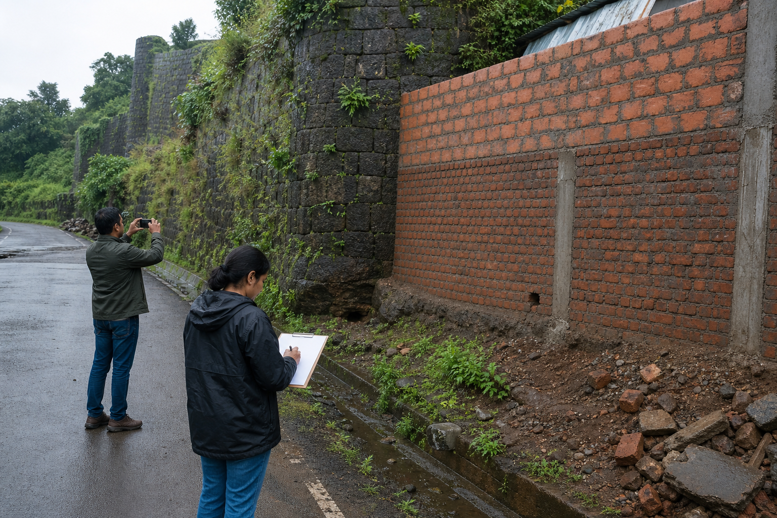 Citizens photograph a new brick wall beside older basalt masonry from a public roadside near Panhala Fort.