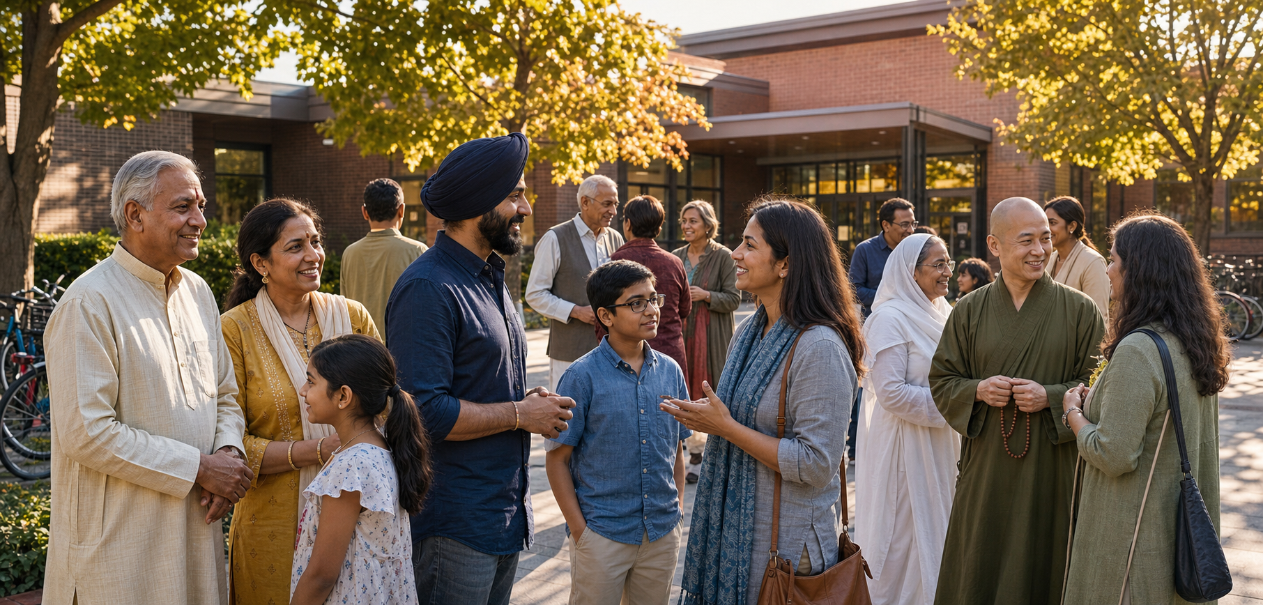 Hindu, Sikh, Buddhist, and Jain families gather and speak with one another in a North American community courtyard.
