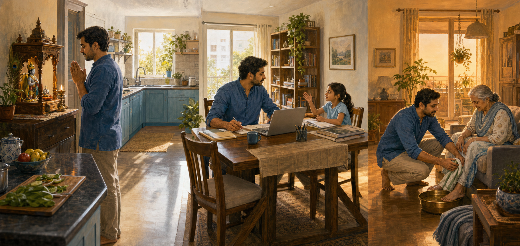 A panoramic home scene shows one person pausing for devotion, working, preparing food, cleaning, and caring for an elderly relative through the day.