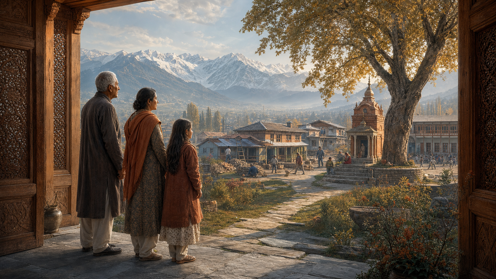 Three generations of a Kashmiri Hindu family stand at the entrance of a restored home overlooking a renewed neighborhood in the Kashmir Valley.