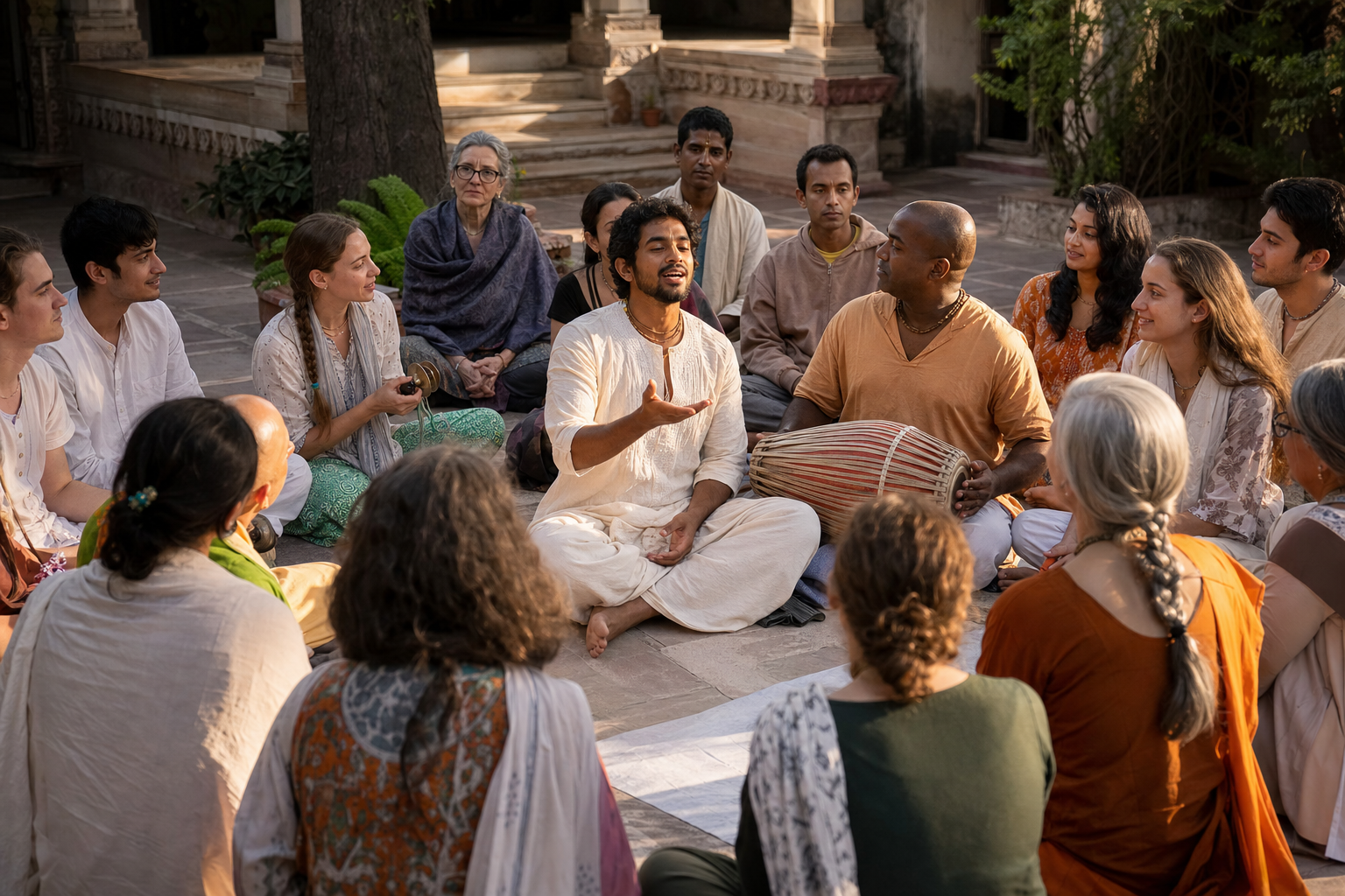 A chant leader seated in a courtyard guides a diverse circle singing together with a drum and small hand cymbals.