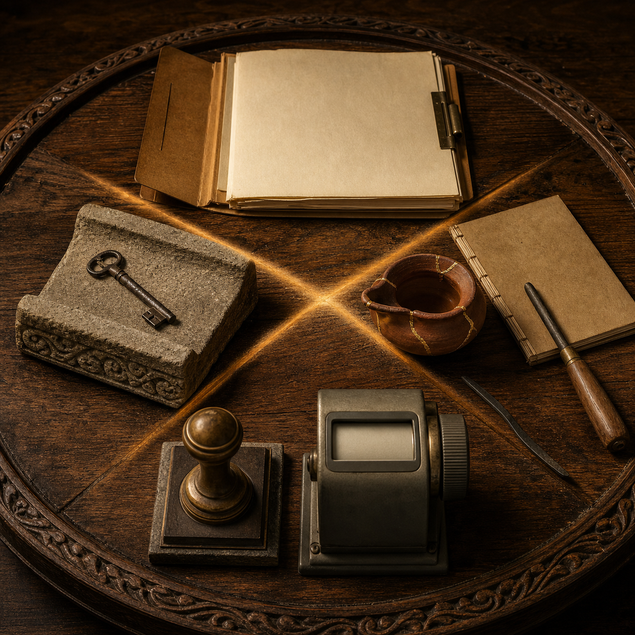 A house key, evidence folder, repaired lamp, school notebook, artisan tool, official seal, and counter form a circle on a carved wooden table.