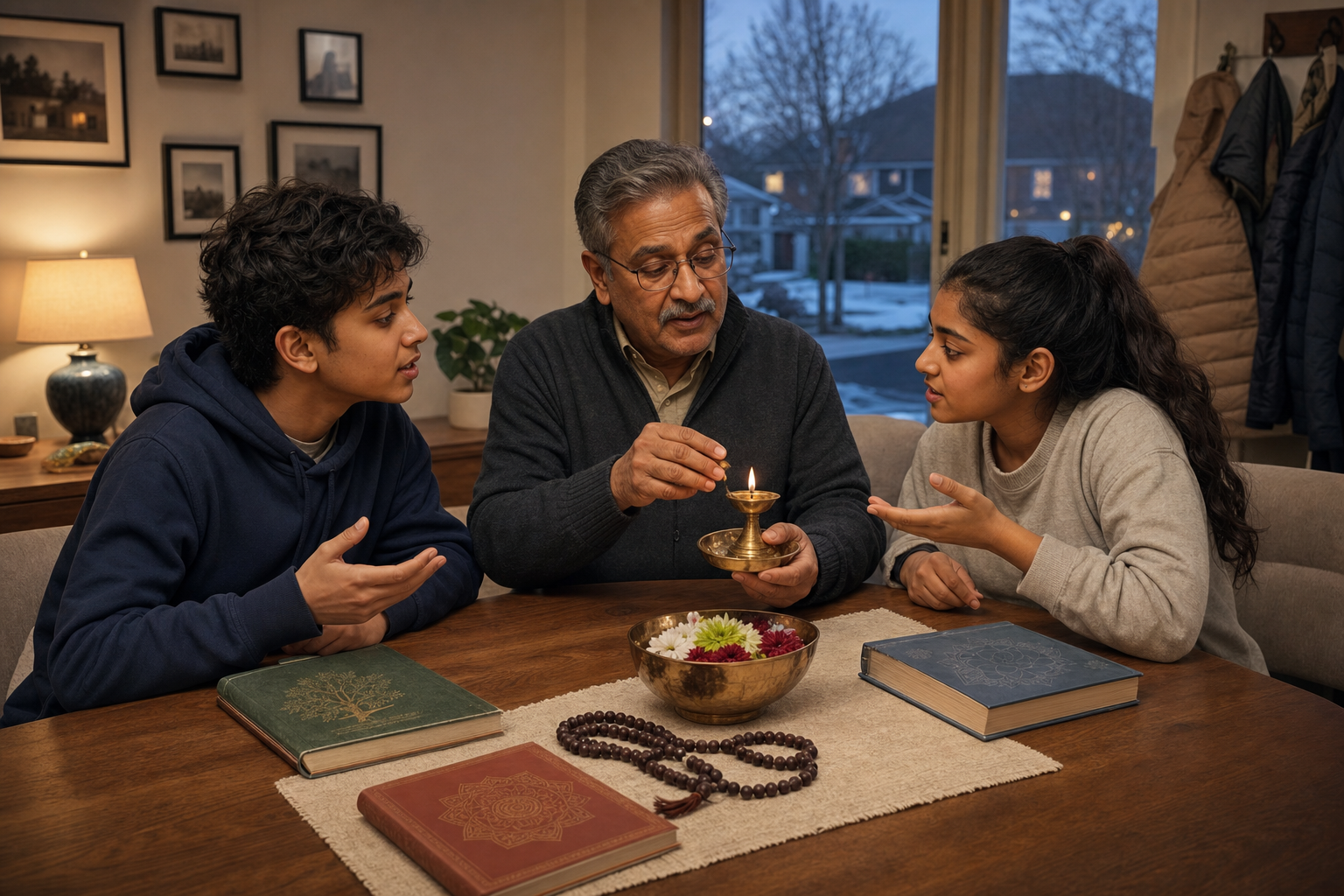 A grandparent explains a home religious practice to two teenagers beside a lamp, flowers, prayer beads, and books.