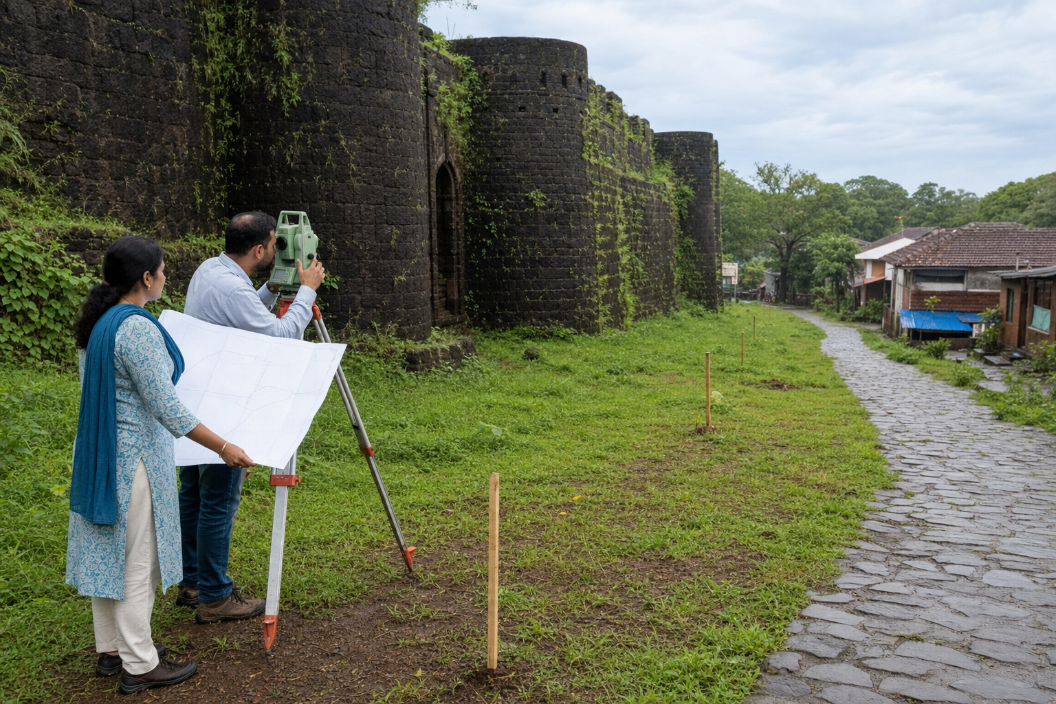 A surveyor and heritage officer measure open land between Panhala Fort's basalt wall, a public path, and nearby buildings.