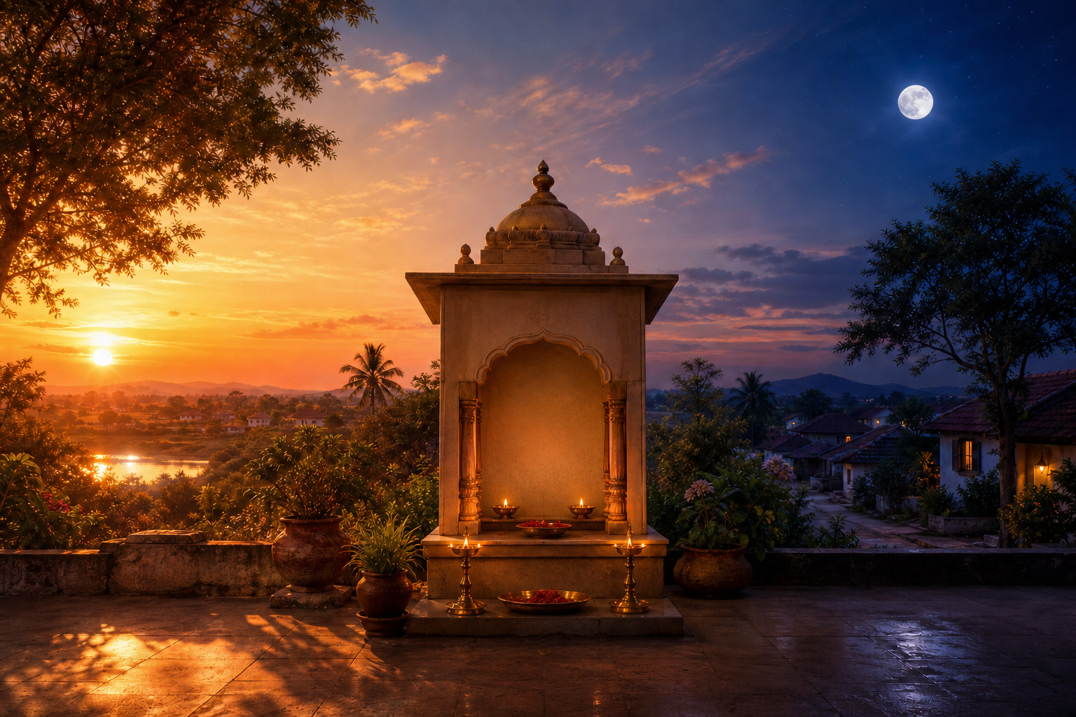 An Indian home shrine remains in place as the scene transitions continuously from late afternoon sunlight to moonlit evening.