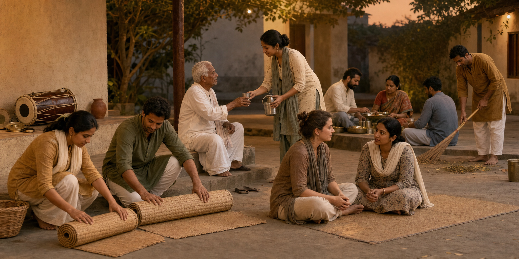 Participants put away mats, offer water, listen to one another, and clean a courtyard after congregational chanting.