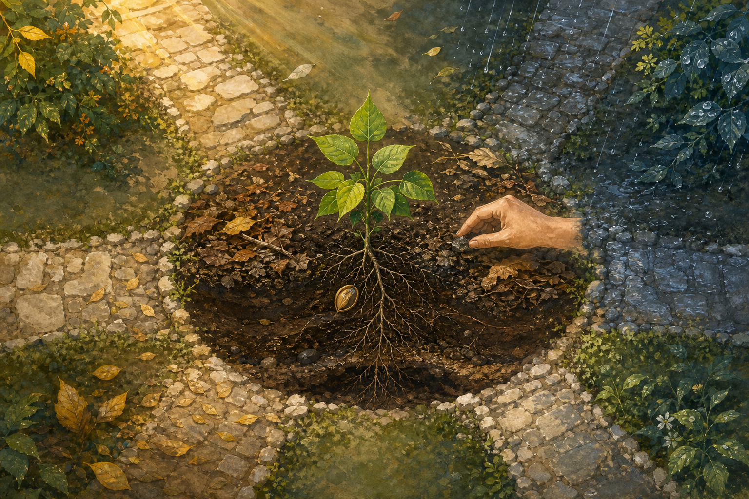 A sapling grows in a garden through the combined support of soil, rain, sunlight, compost, air, and a tending hand, with four separate paths approaching it.