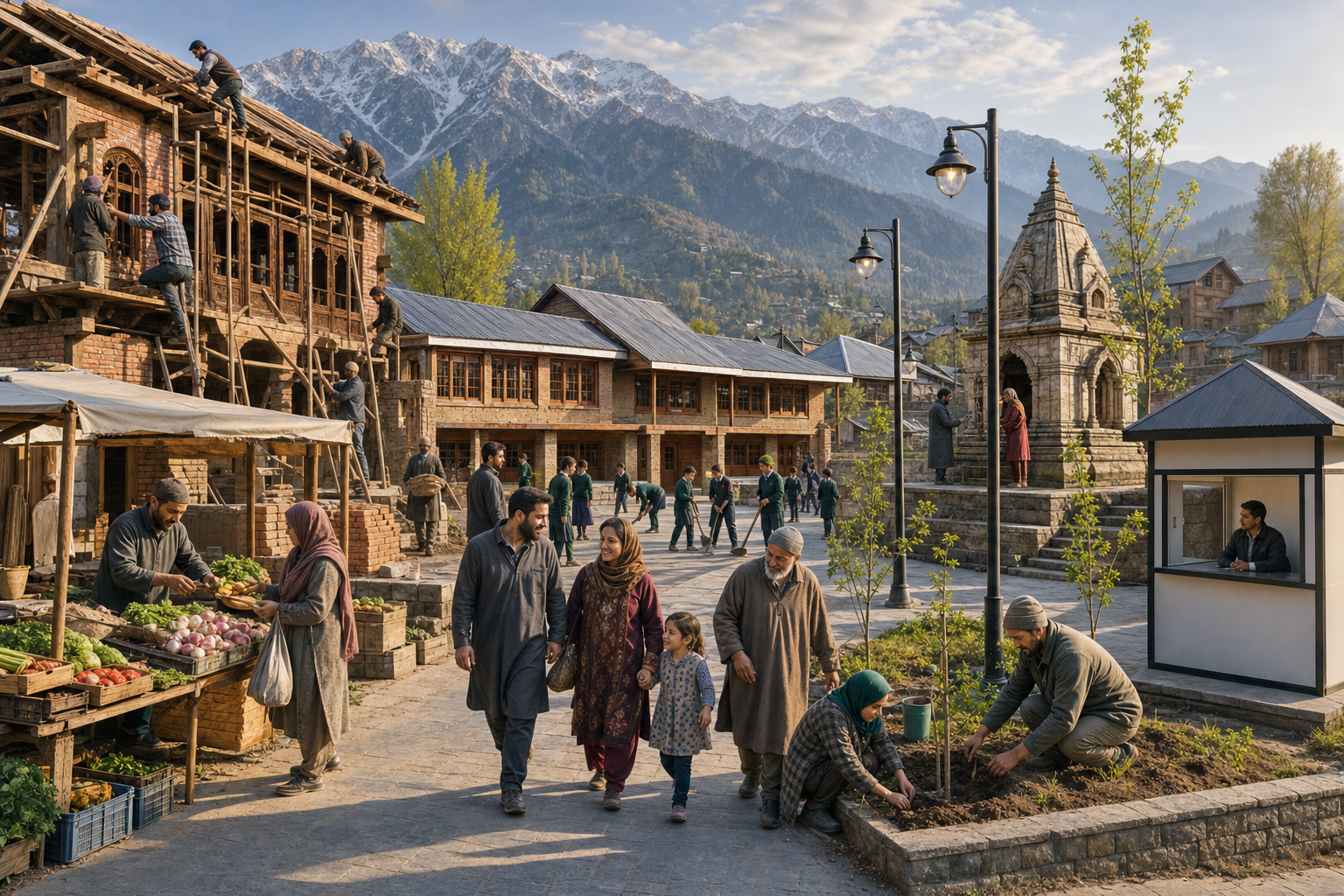 Residents and workers restore homes, a school courtyard, a market, a shrine, lighting, and trees around a shared Kashmiri neighborhood square.