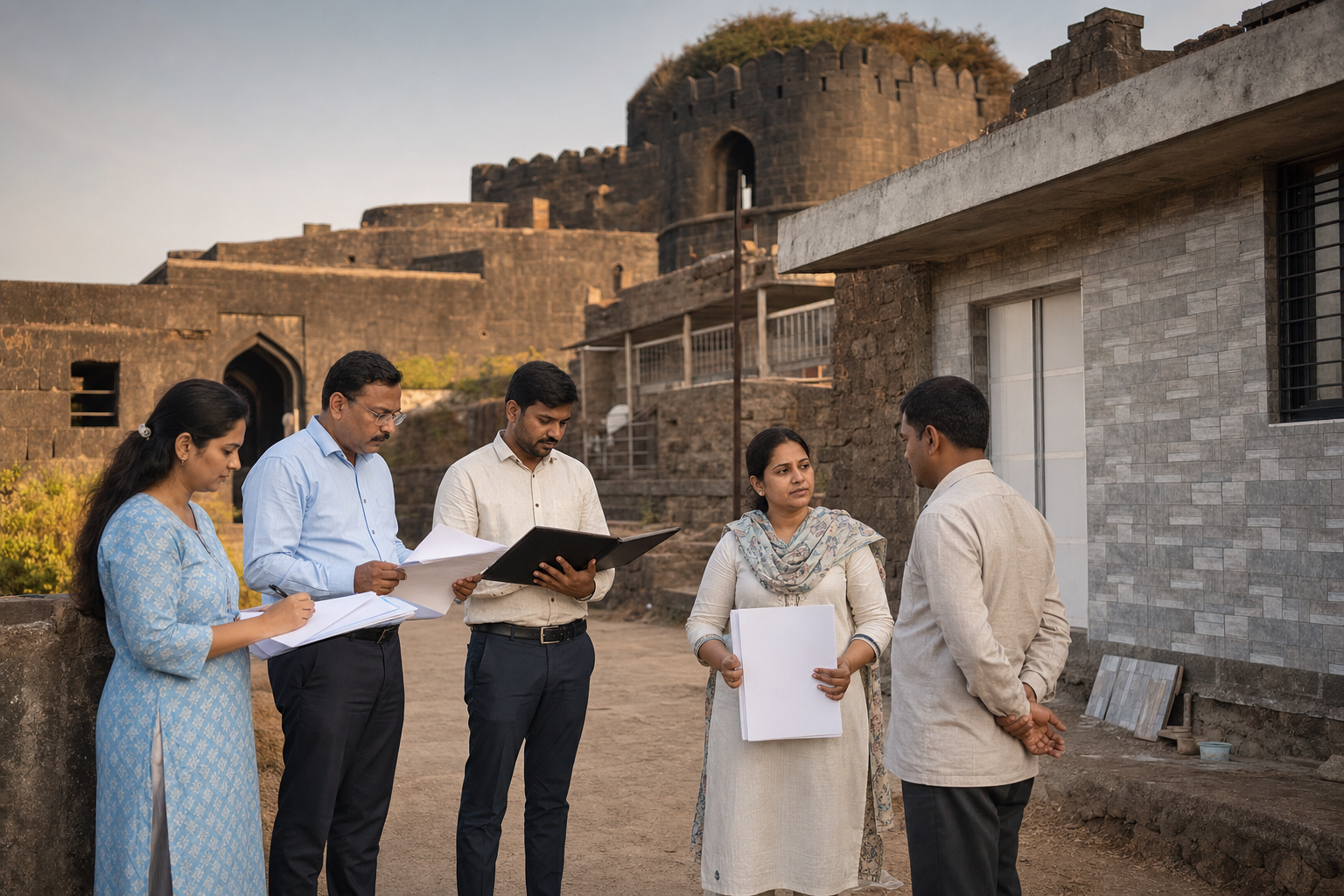 Officials and a property occupant calmly inspect a structure near Panhala Fort while reviewing unmarked plans and permit papers.