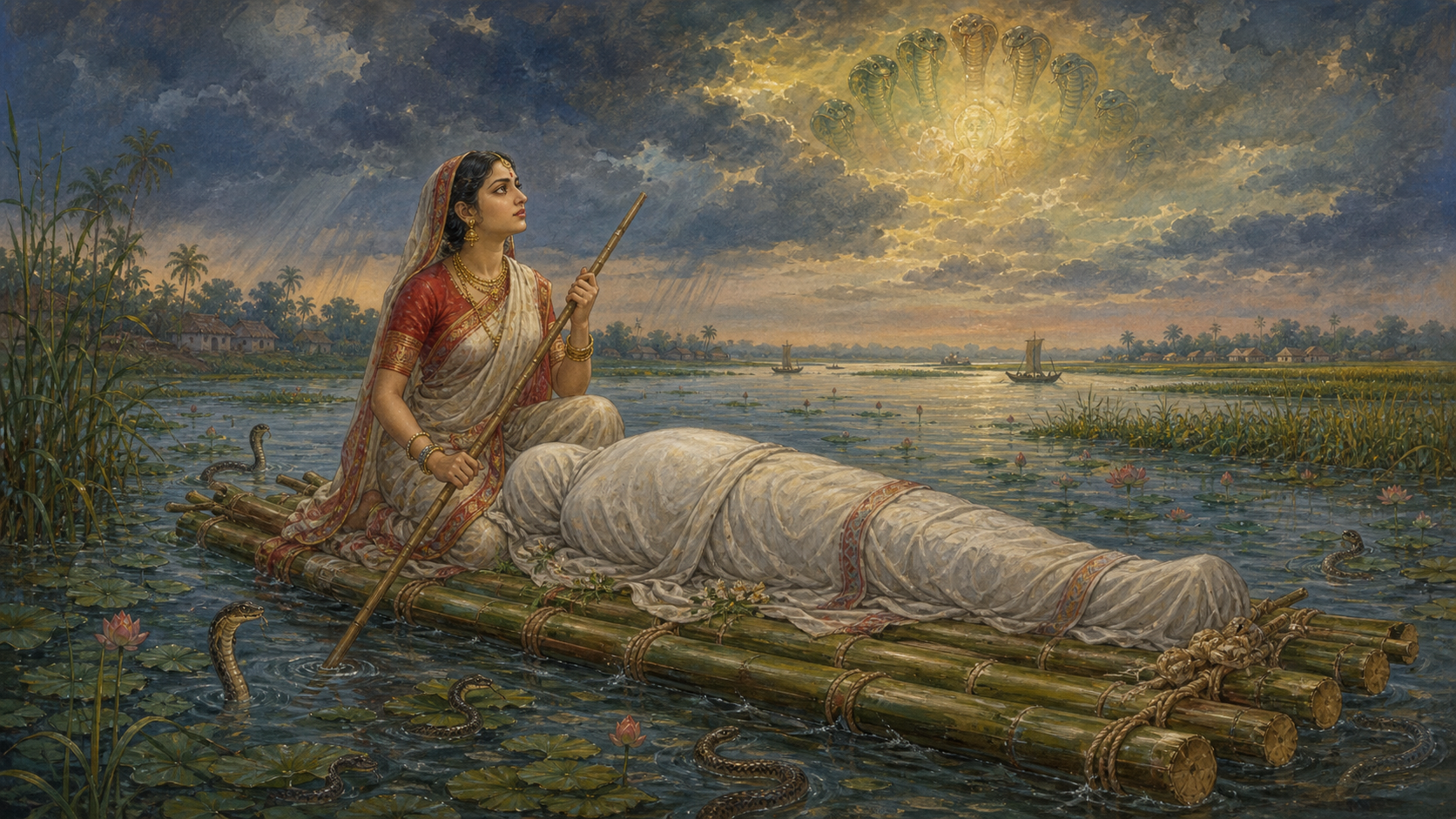 Behula sits beside Lakhindar's shrouded body on a banana-stem raft crossing a river bordered by reeds, rice fields, and village roofs.