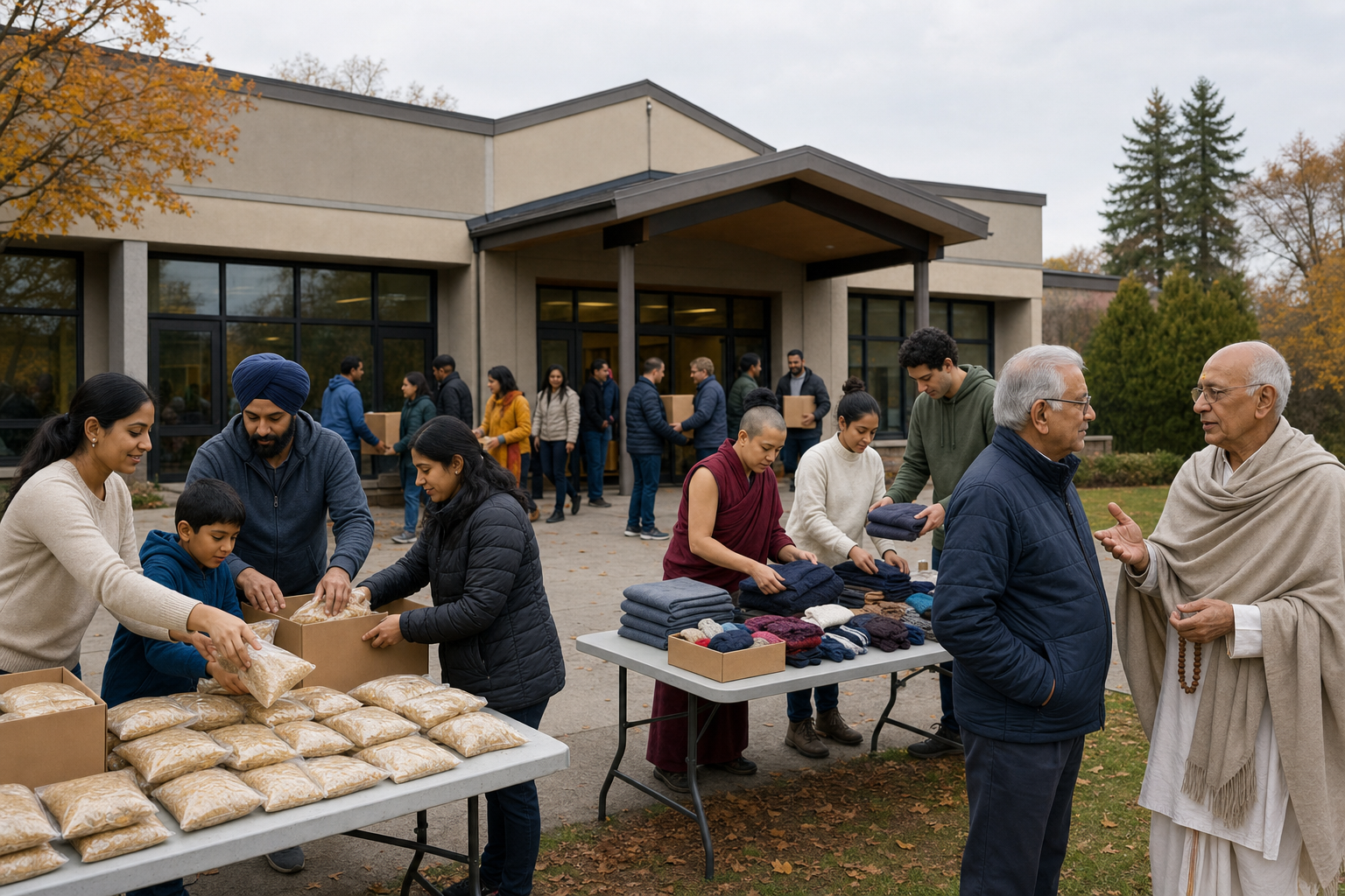 Volunteers from several Dharmic communities sort food and winter supplies together outside a community hall.