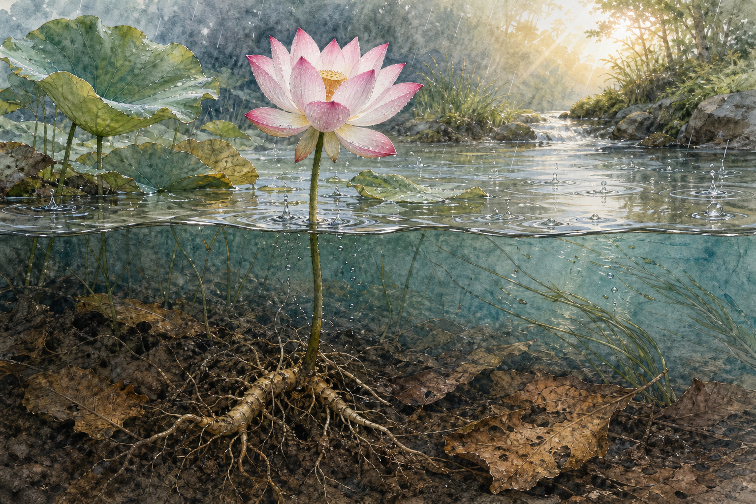 A flowering lotus is shown with roots in mud beneath a sunlit pond receiving rain, flowing water, and nutrients from fallen leaves.