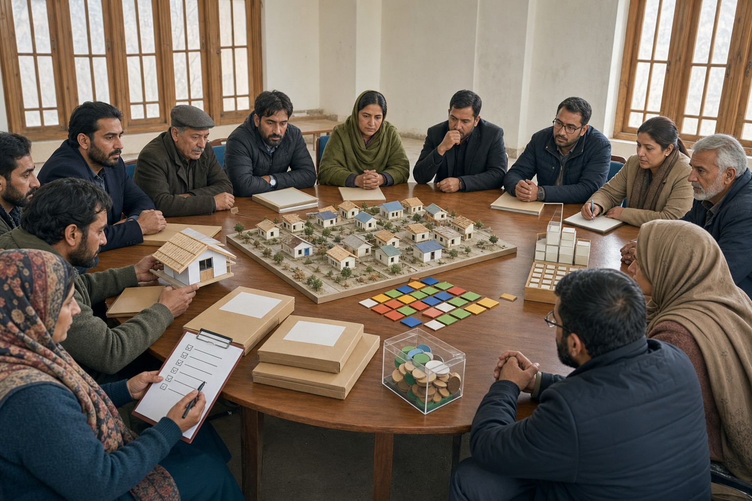 Community representatives and public officials review a neighborhood model, case files, progress tiles, and inspection materials around a round table.