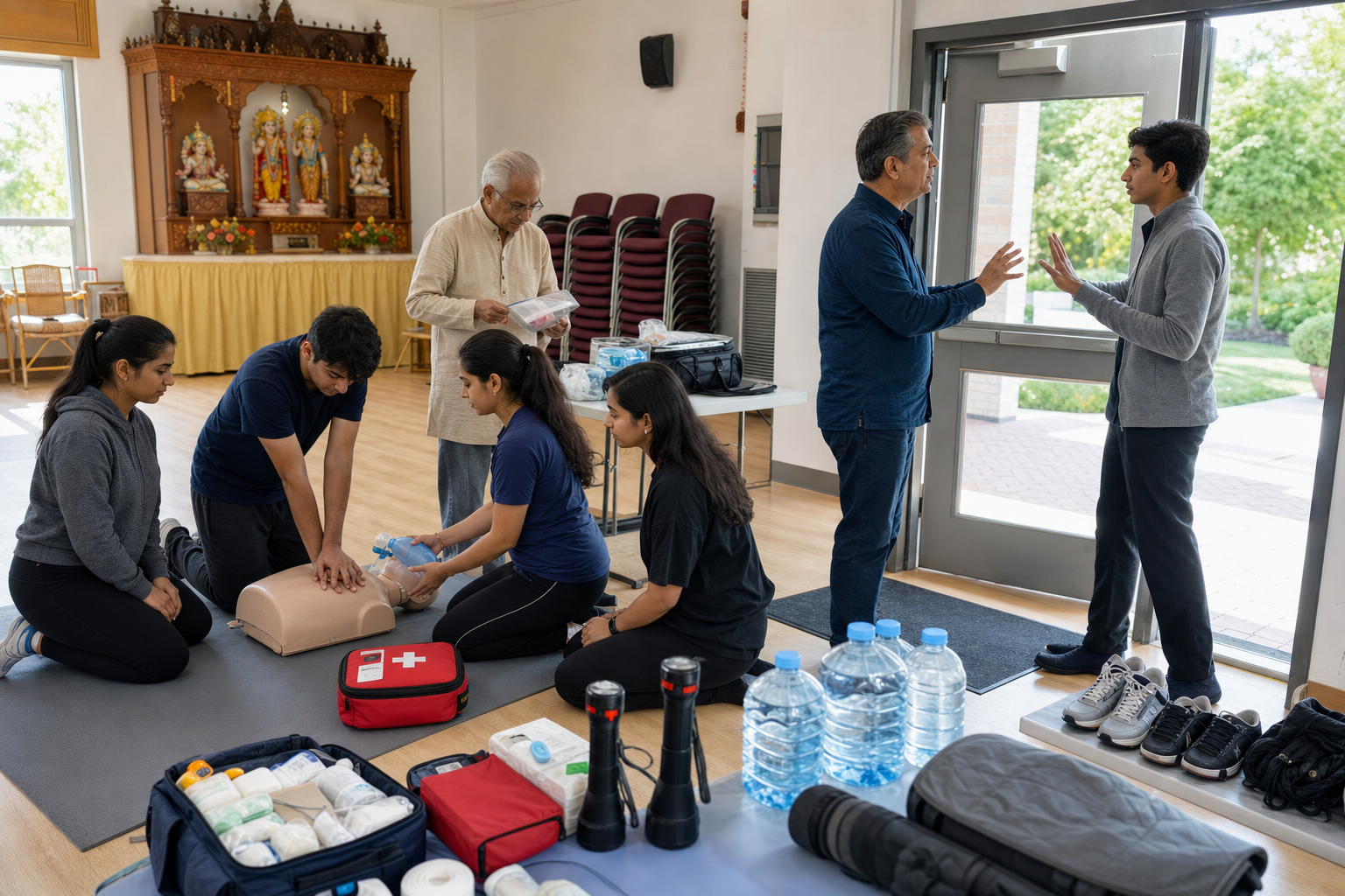 Adults and teenagers practice first aid, emergency planning, and de-escalation during a community preparedness workshop.