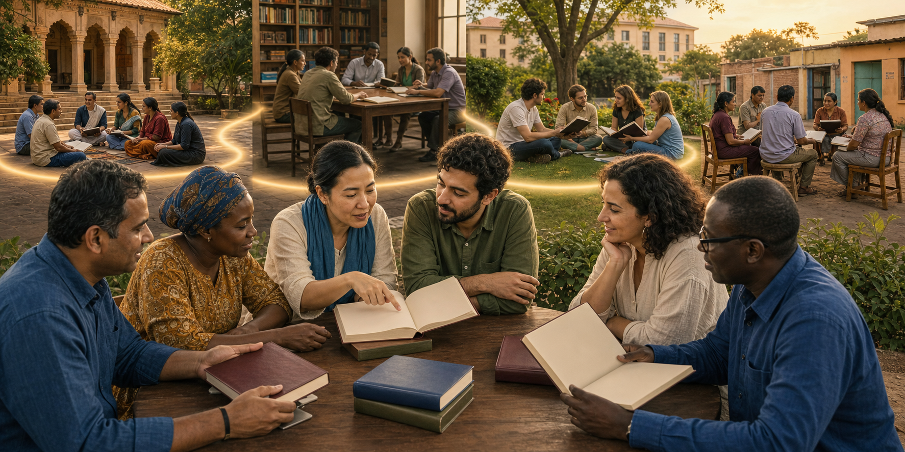 Volunteers and recipients from several communities share and study unmarked sacred books together in connected local settings around the world.