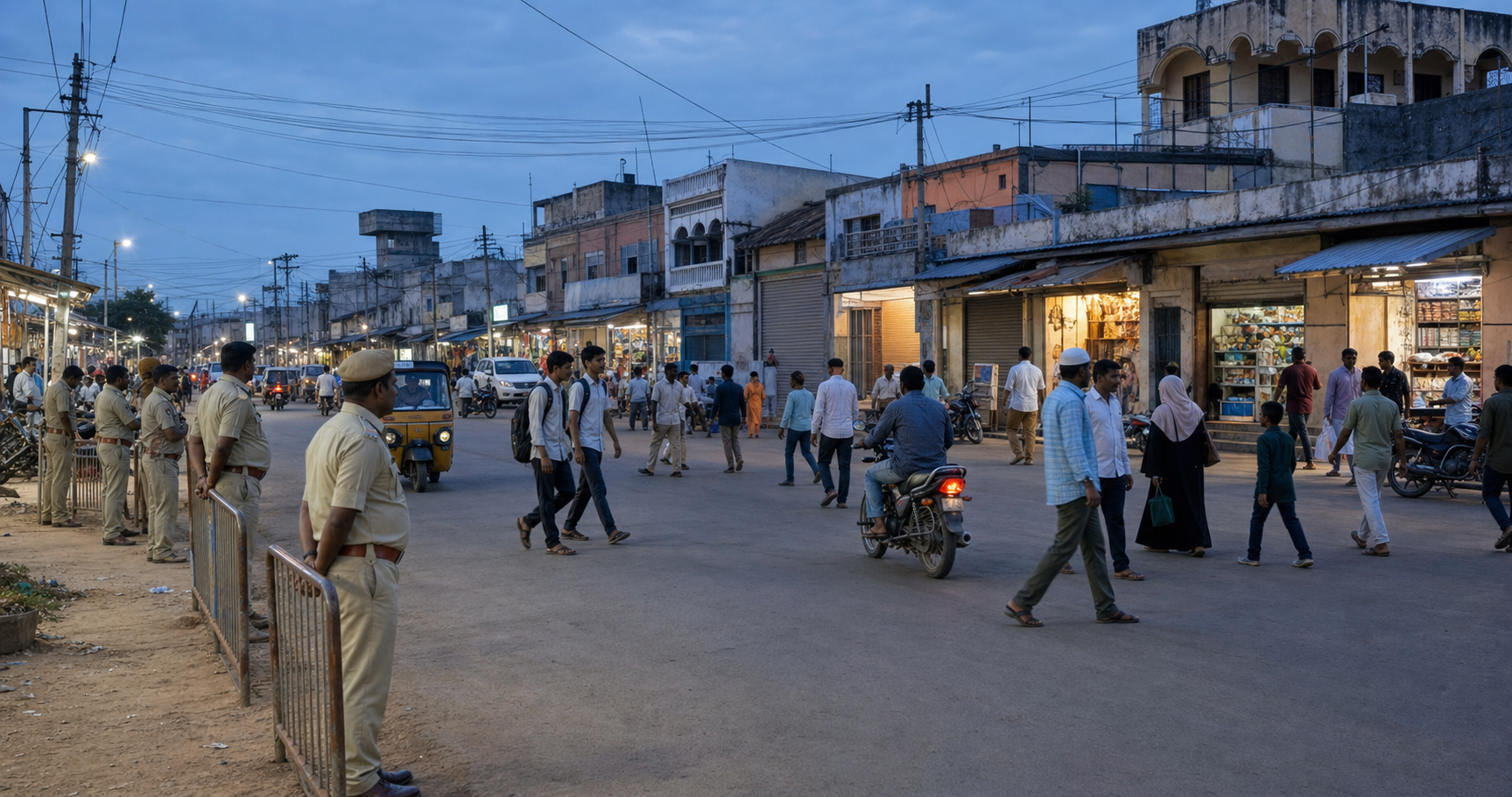 Police officers maintain a calm buffer at a market intersection as residents and commuters pass through a small Telangana town at dusk.