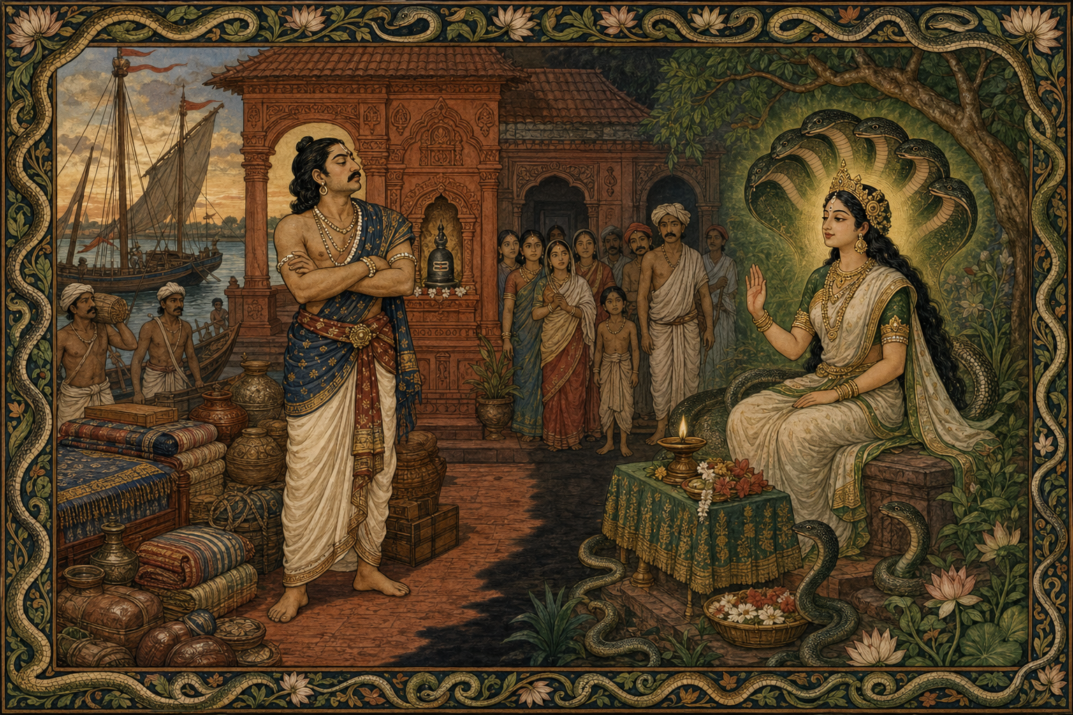 Chand Sadagar turns away from an altar while Manasa Devi appears beneath a canopy of cobra hoods in a merchant courtyard.