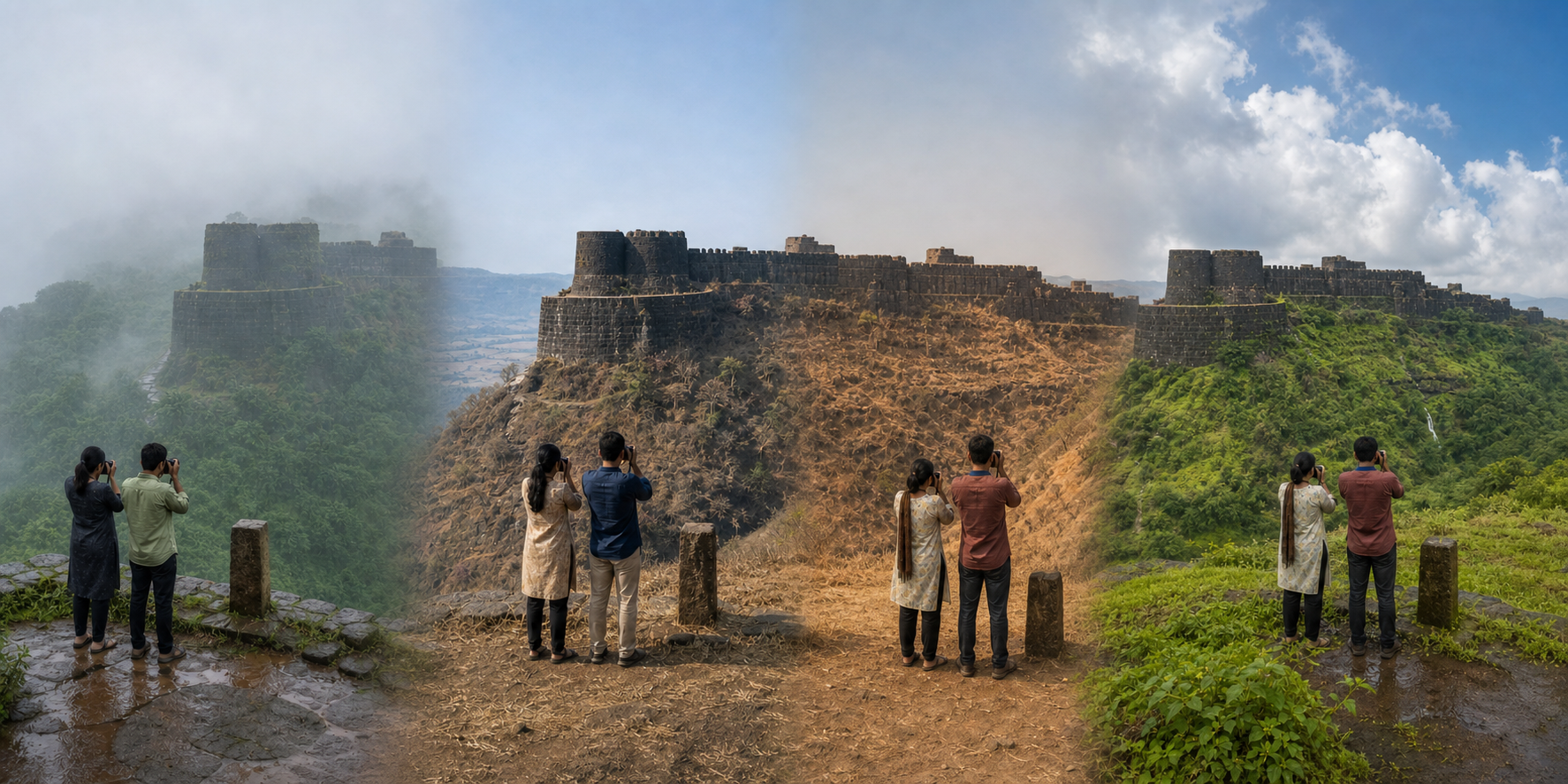 Community volunteers photograph the same Panhala Fort bastion from a fixed public viewpoint across changing seasons.