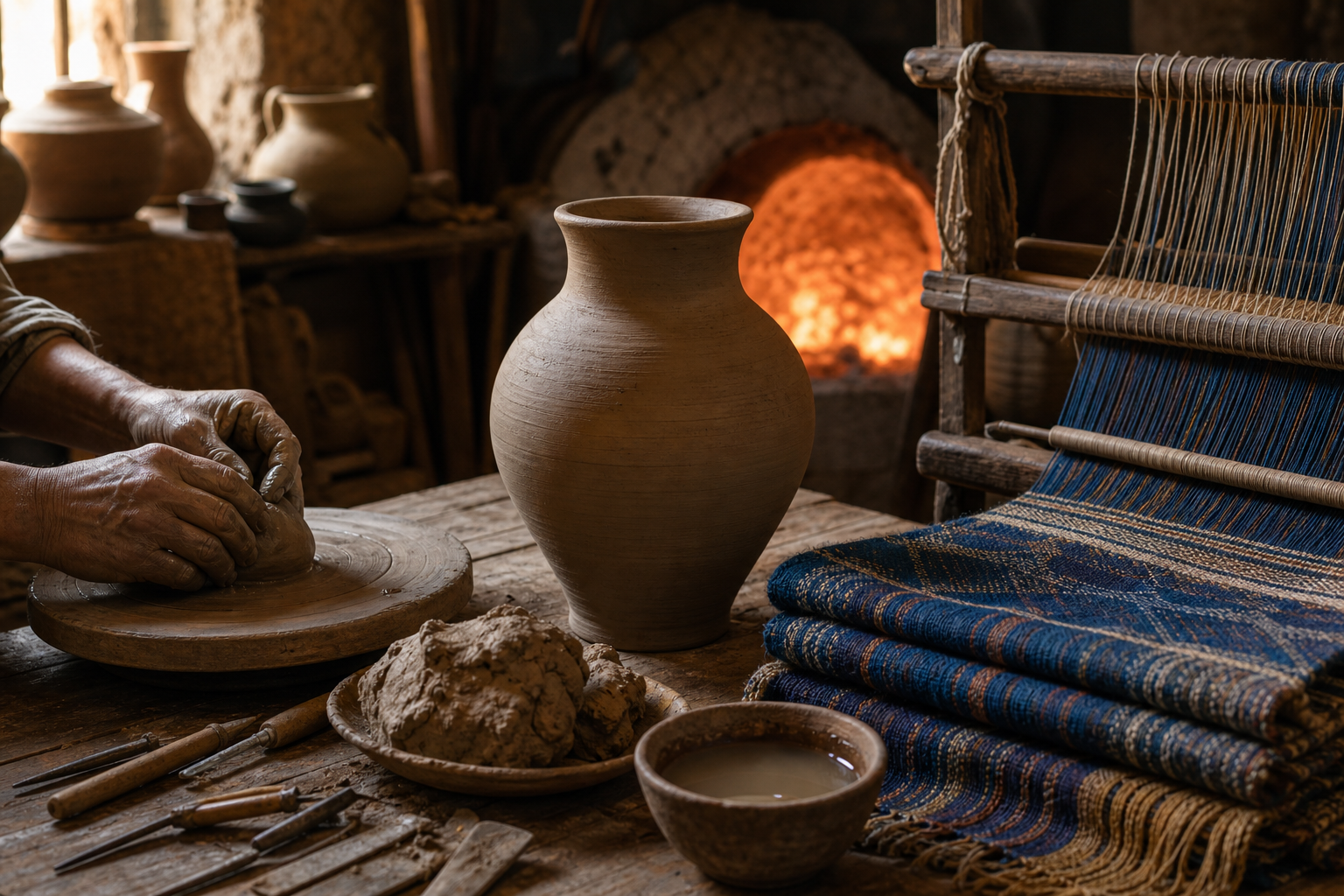 A clay vessel, raw clay, potter's wheel, tools, water, kiln, threads, and woven cloth are arranged in a traditional craft workshop.