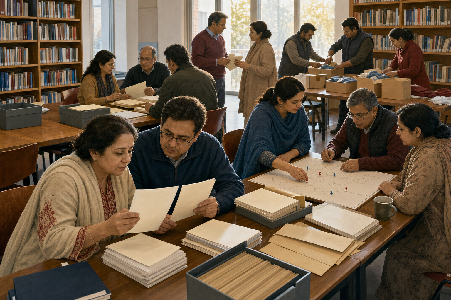 Volunteers in a library meeting room verify records, organize case folders, map support services, prepare correspondence, and assemble assistance kits.
