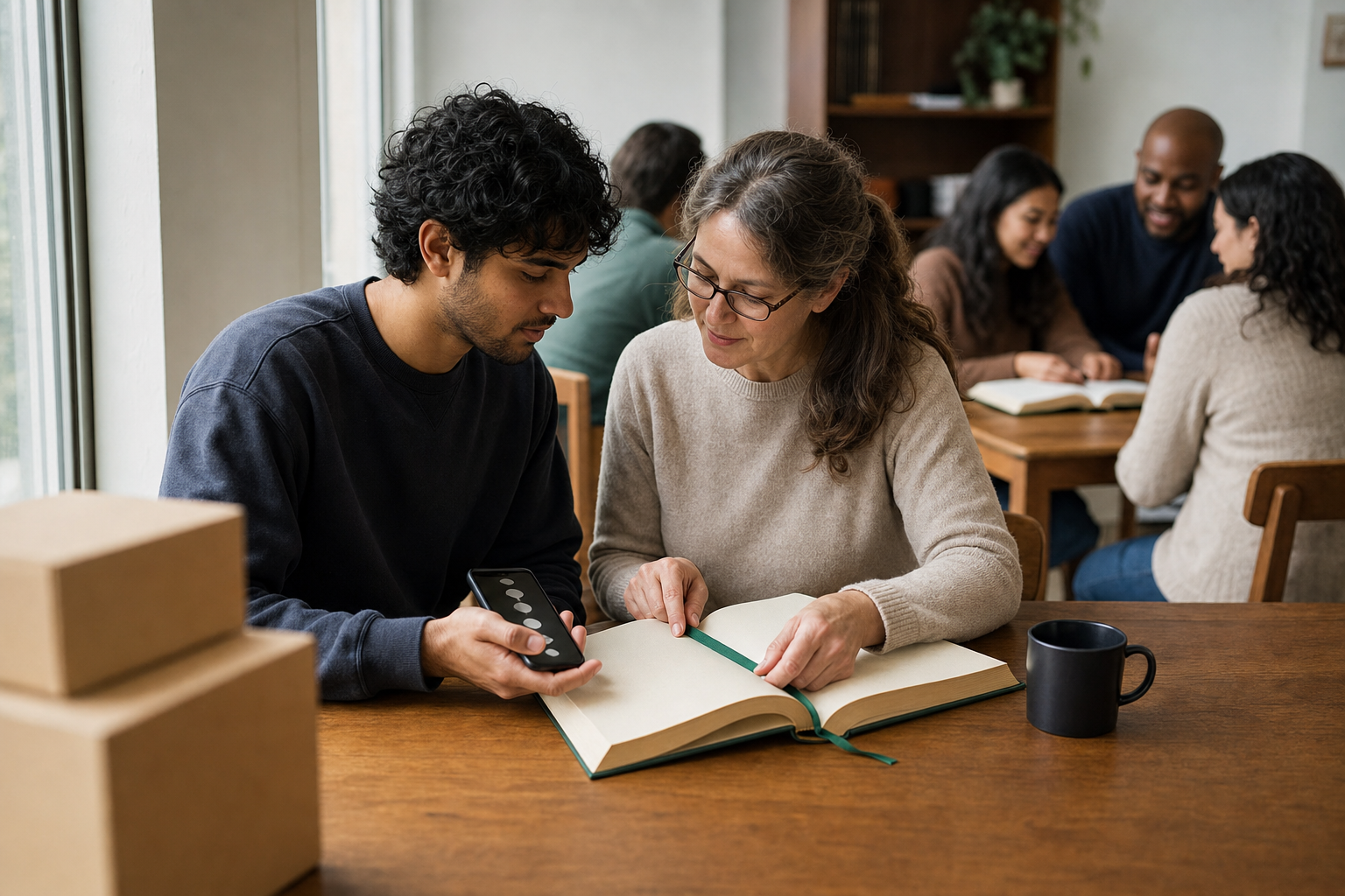 A volunteer helps a recipient begin reading an unmarked sacred book while a small study group meets in the background and book cartons sit nearby.