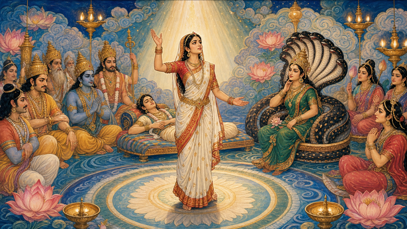 Behula stands and appeals before Manasa Devi and a semicircle of divine figures while Lakhindar rests behind her.