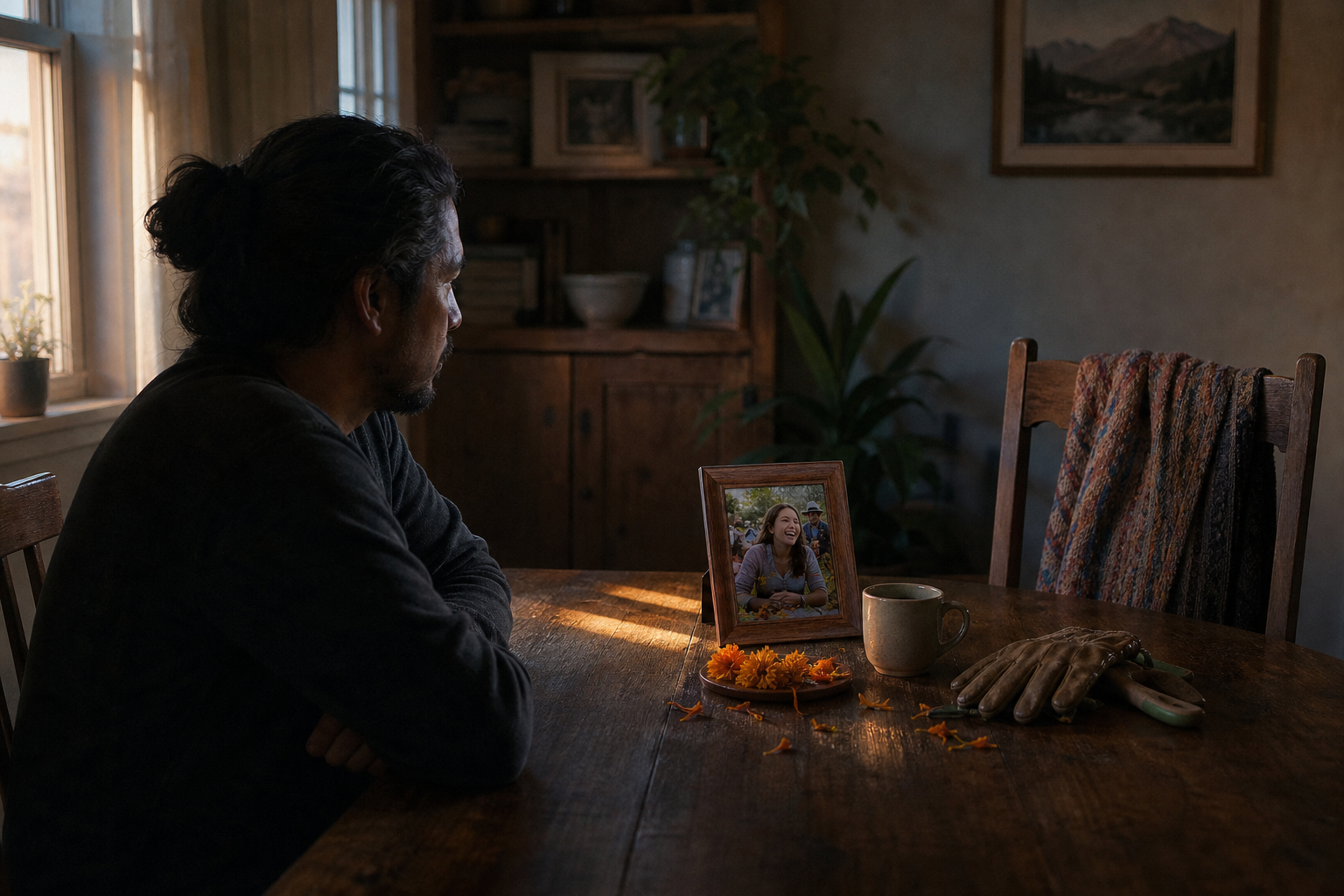 An adult sits at a wooden table facing an empty chair surrounded by a framed family photograph, a ceramic mug, gardening gloves, and marigold petals.