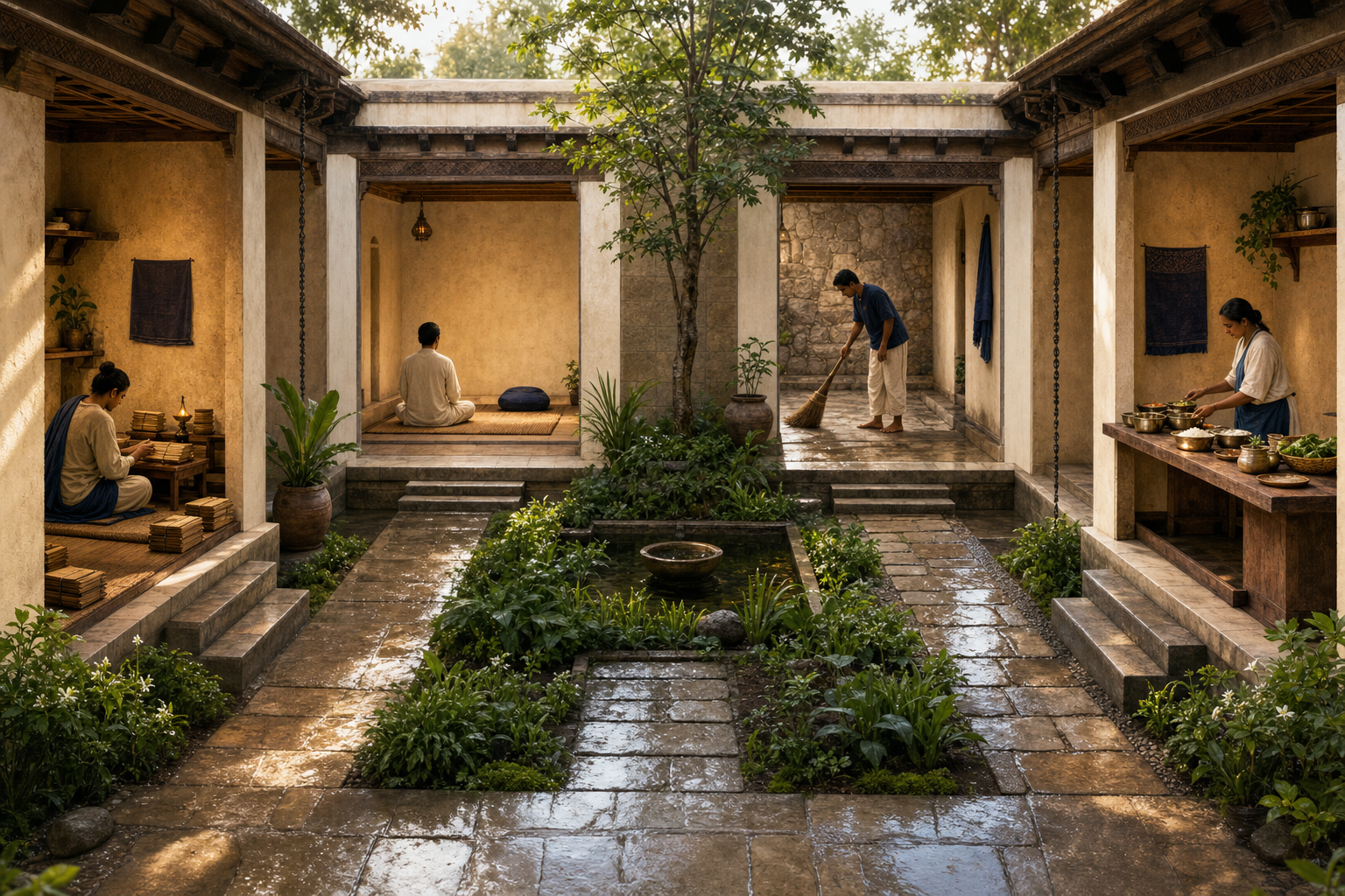 Four separate courtyard alcoves show people studying, meditating, sweeping a path, and preparing food around a shared garden.