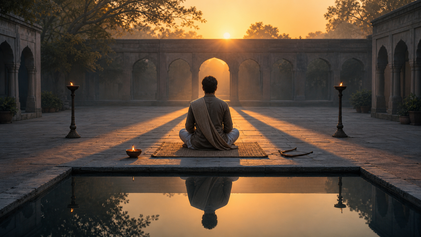 A person meditates beside a still courtyard pool while two lamp-cast shadows converge in the light of dawn.