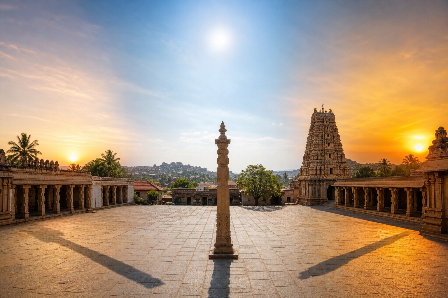 Changing sunlight and pillar shadows across an Indian temple courtyard illustrate the progression from sunrise through midday to sunset.