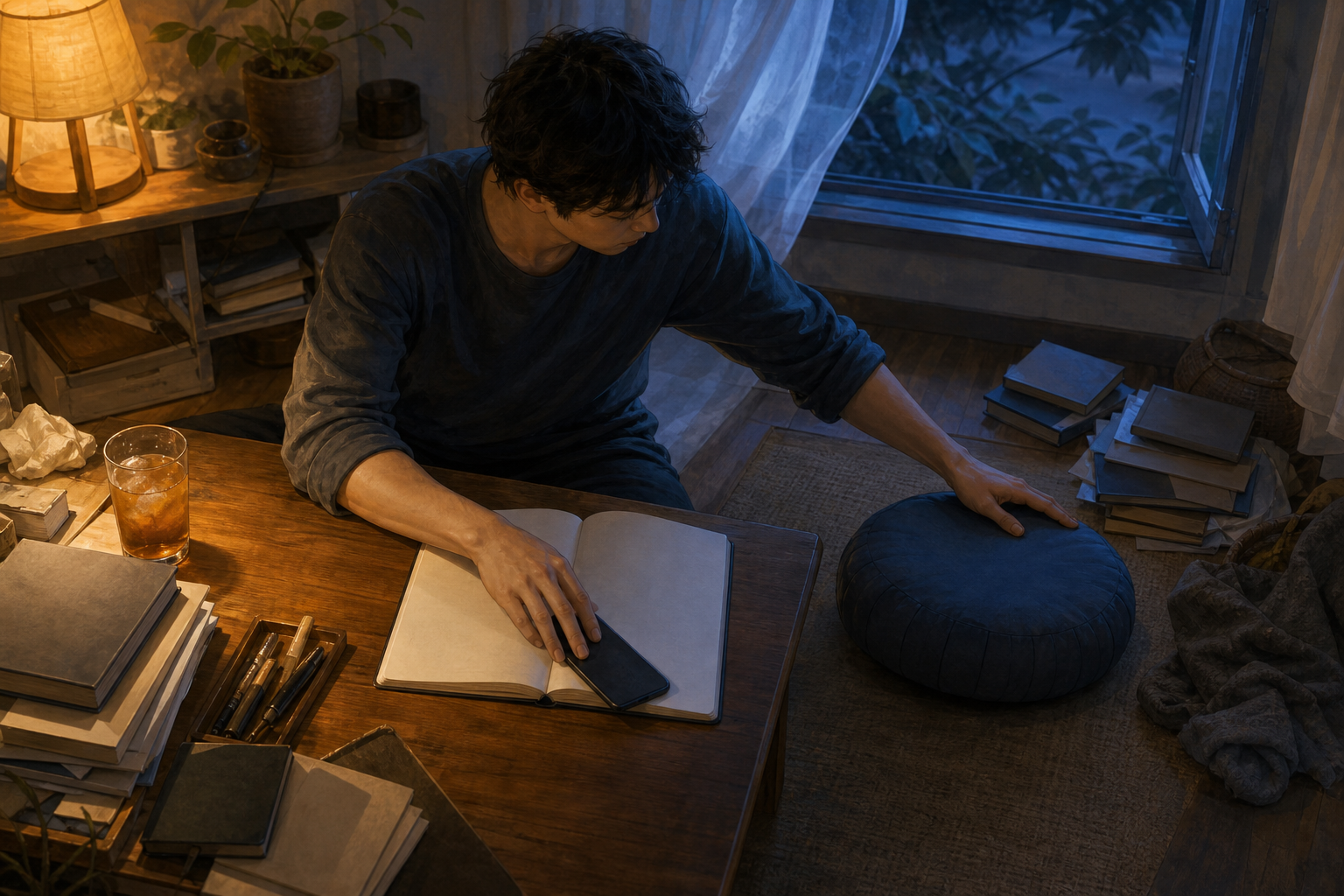 A person at a cluttered study desk moves a face-down phone away while clearing space beside a meditation cushion.