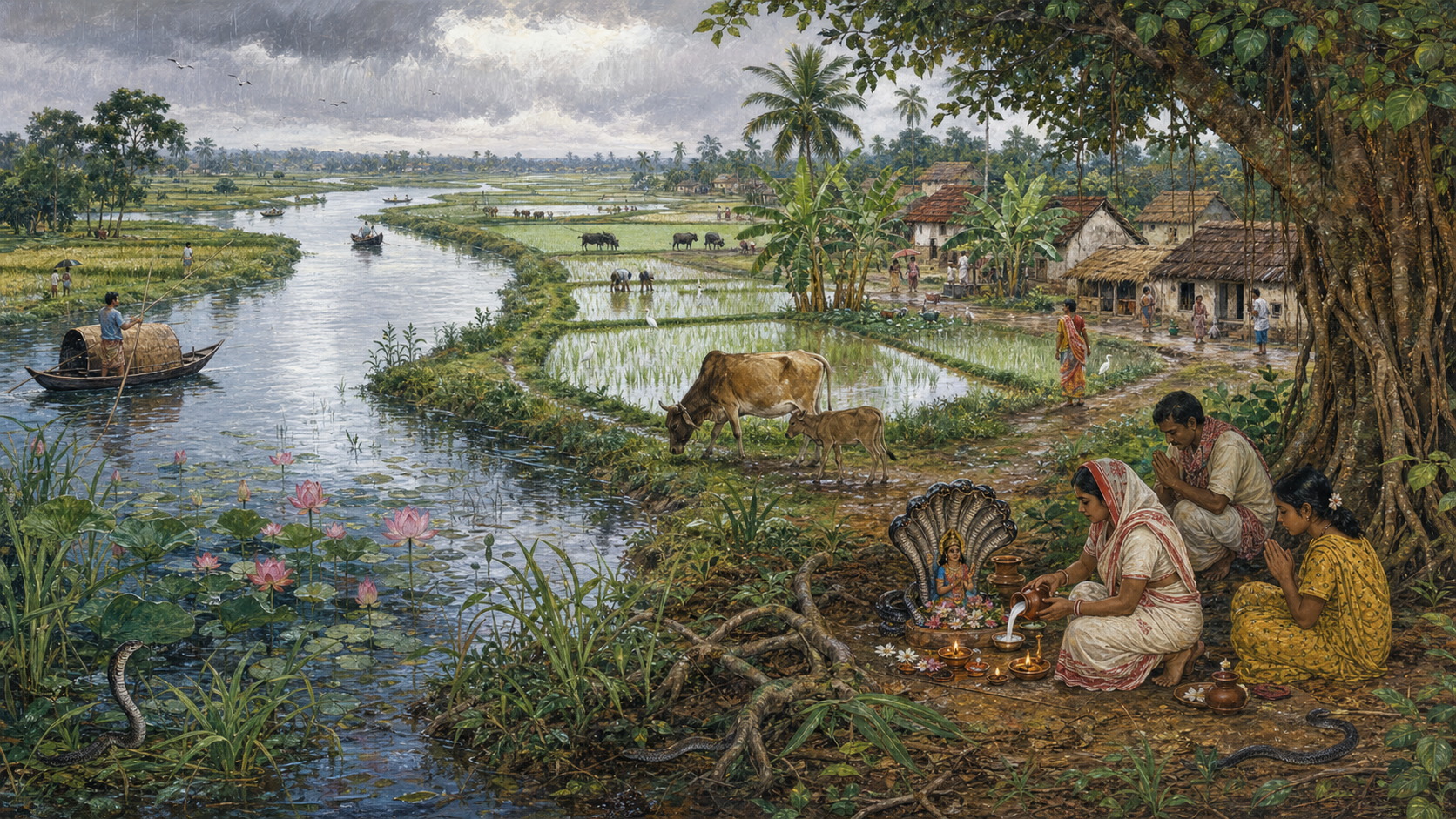 A Bengal river winds past rice fields and a village where people place flowers and lamps at a small serpent-canopied shrine.
