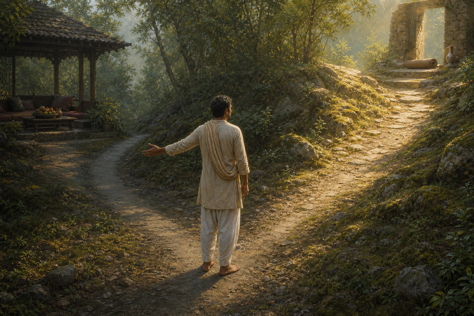 A traveler pauses where a forest trail divides between a shaded pavilion and a sunlit uphill path.