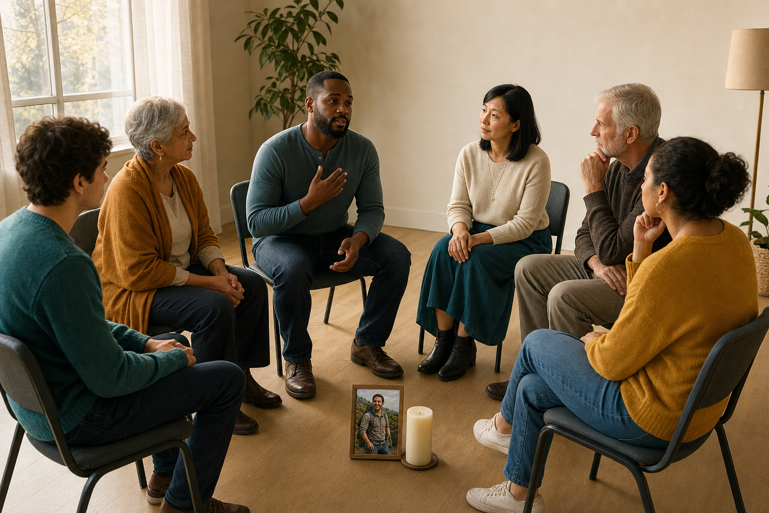 Six adults sit in a community-room support circle with a candle and a framed portrait placed in the center.