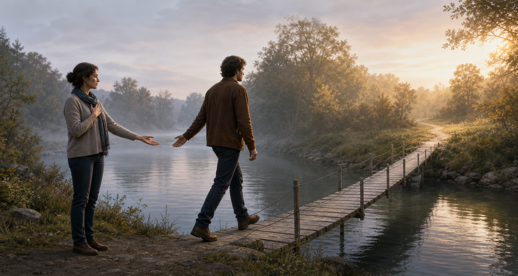 Two adults stand beside a river footbridge as one offers an open hand and the other steps onto the bridge independently.
