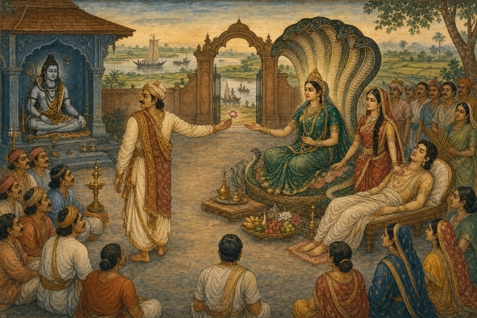 Chand Sadagar offers a flower with his left hand to Manasa Devi as Behula, Lakhindar, and members of the community look on.