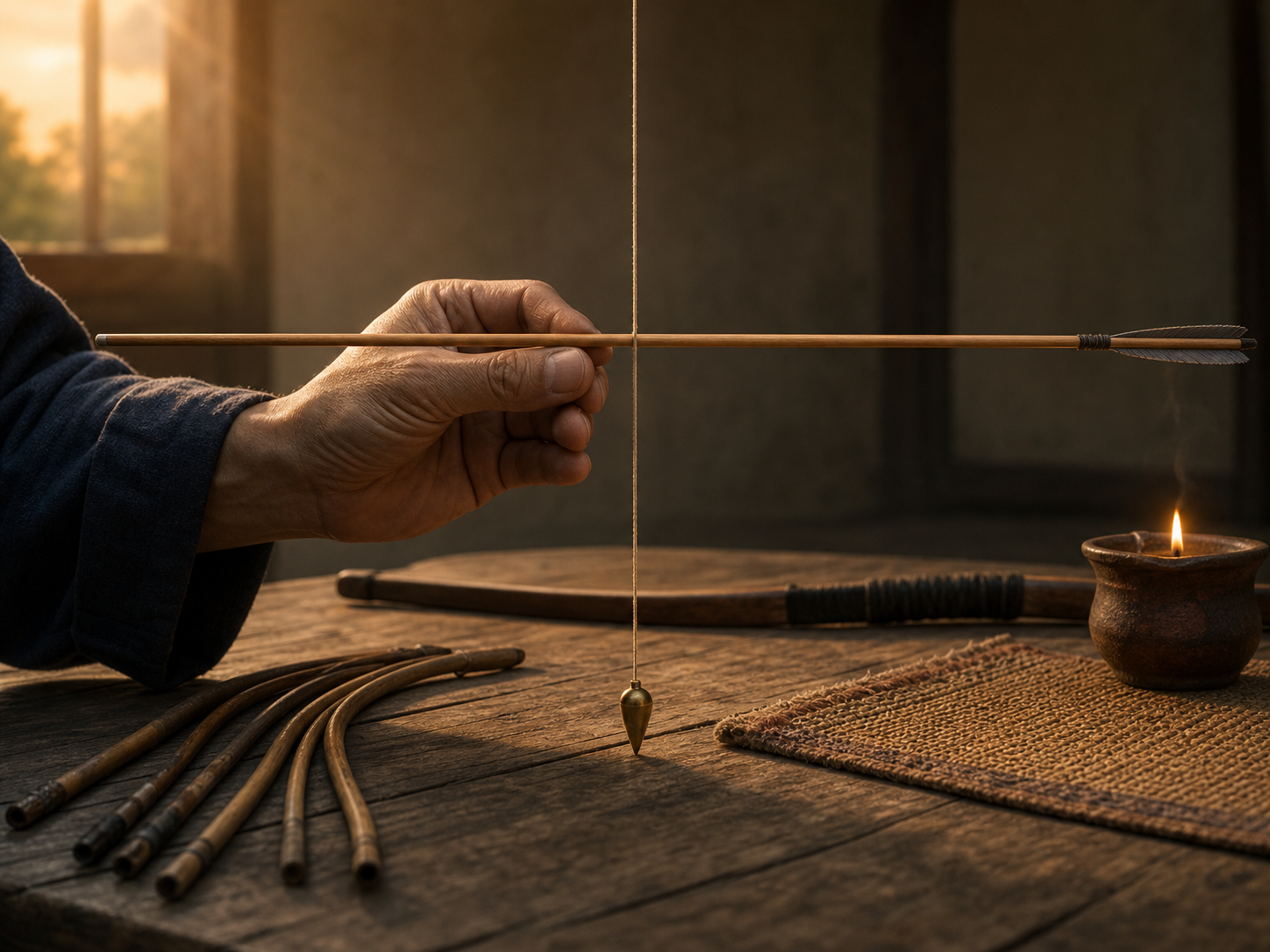 A hand checks the straightness of an arrow shaft against a hanging plumb line on a wooden table.