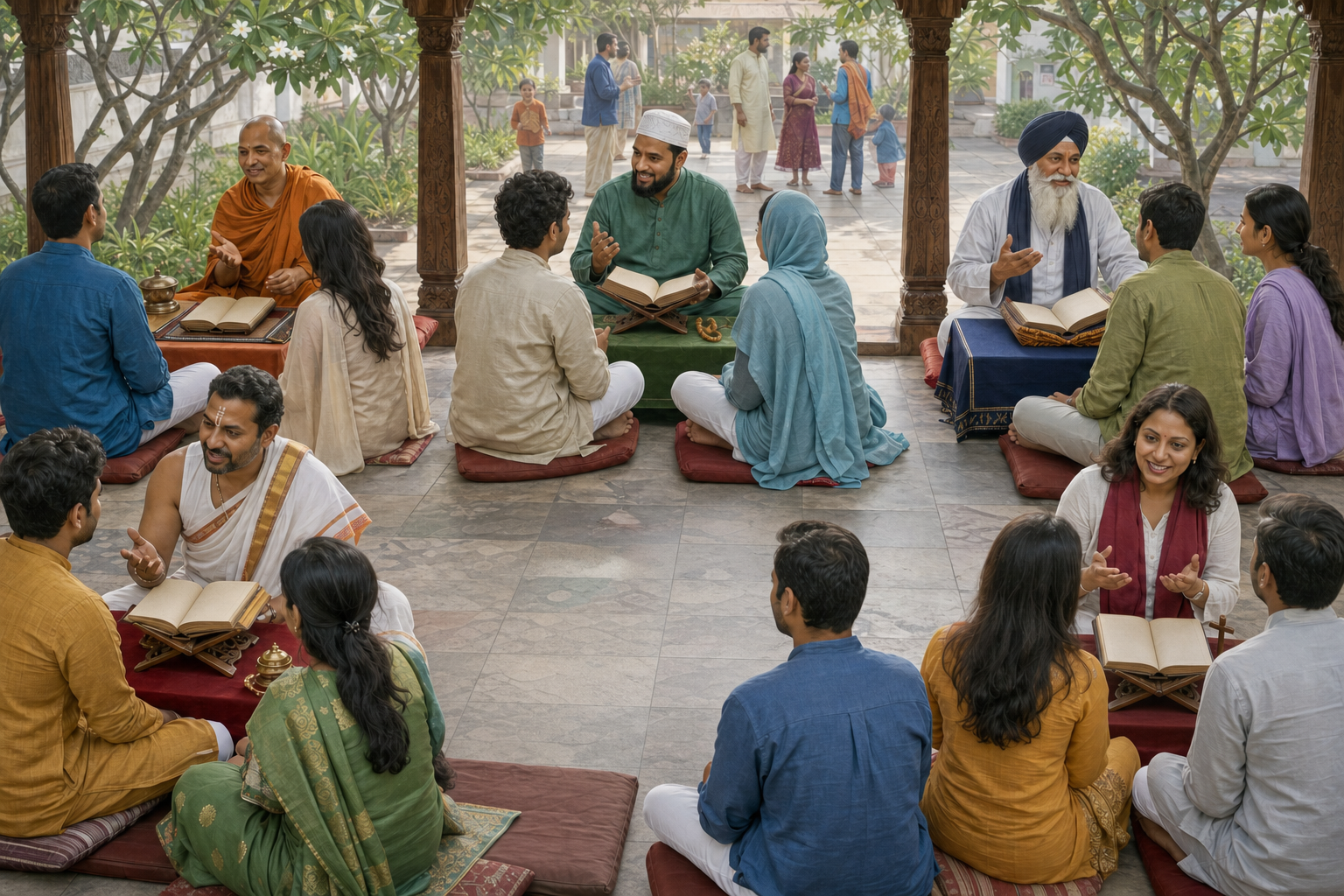 Several distinct Dharmic community groups welcome visitors at neighboring book tables, with each group presenting its own unmarked texts and study practices.