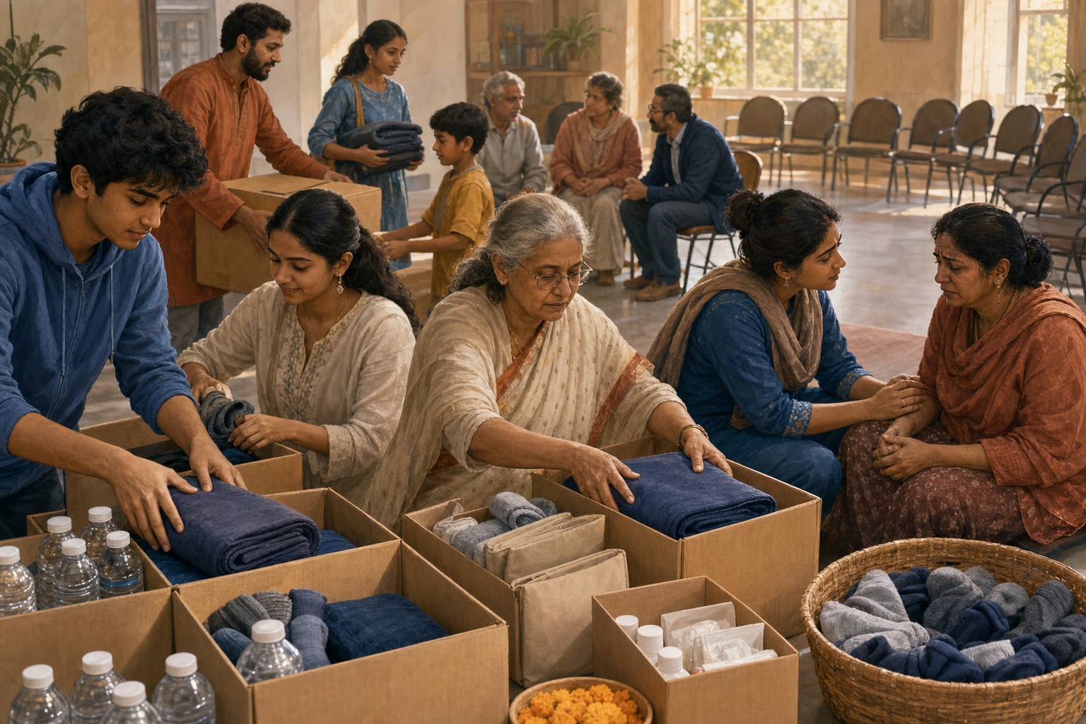 Volunteers in a community hall assemble care bundles while one volunteer sits beside a visitor and listens, with a circle of chairs behind them.