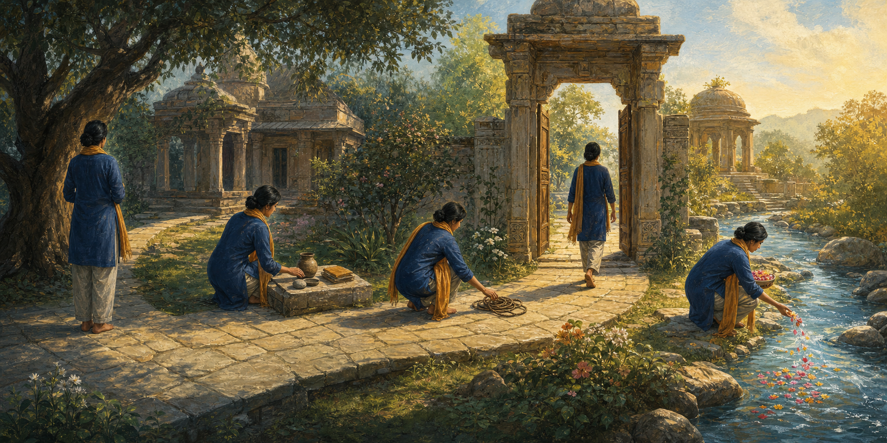 The same figure moves through five moments along a garden path, ending by releasing flower petals into a stream.