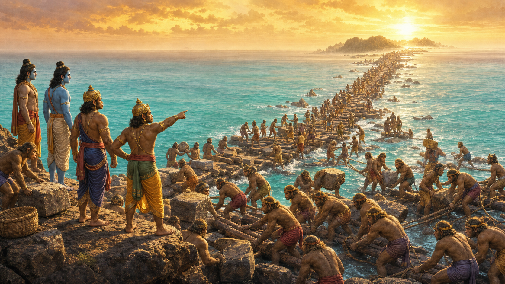 Nala and Neela direct teams of vanaras building a stone and timber causeway across the sea as Rama, Lakshmana, and Hanuman observe from the shore.