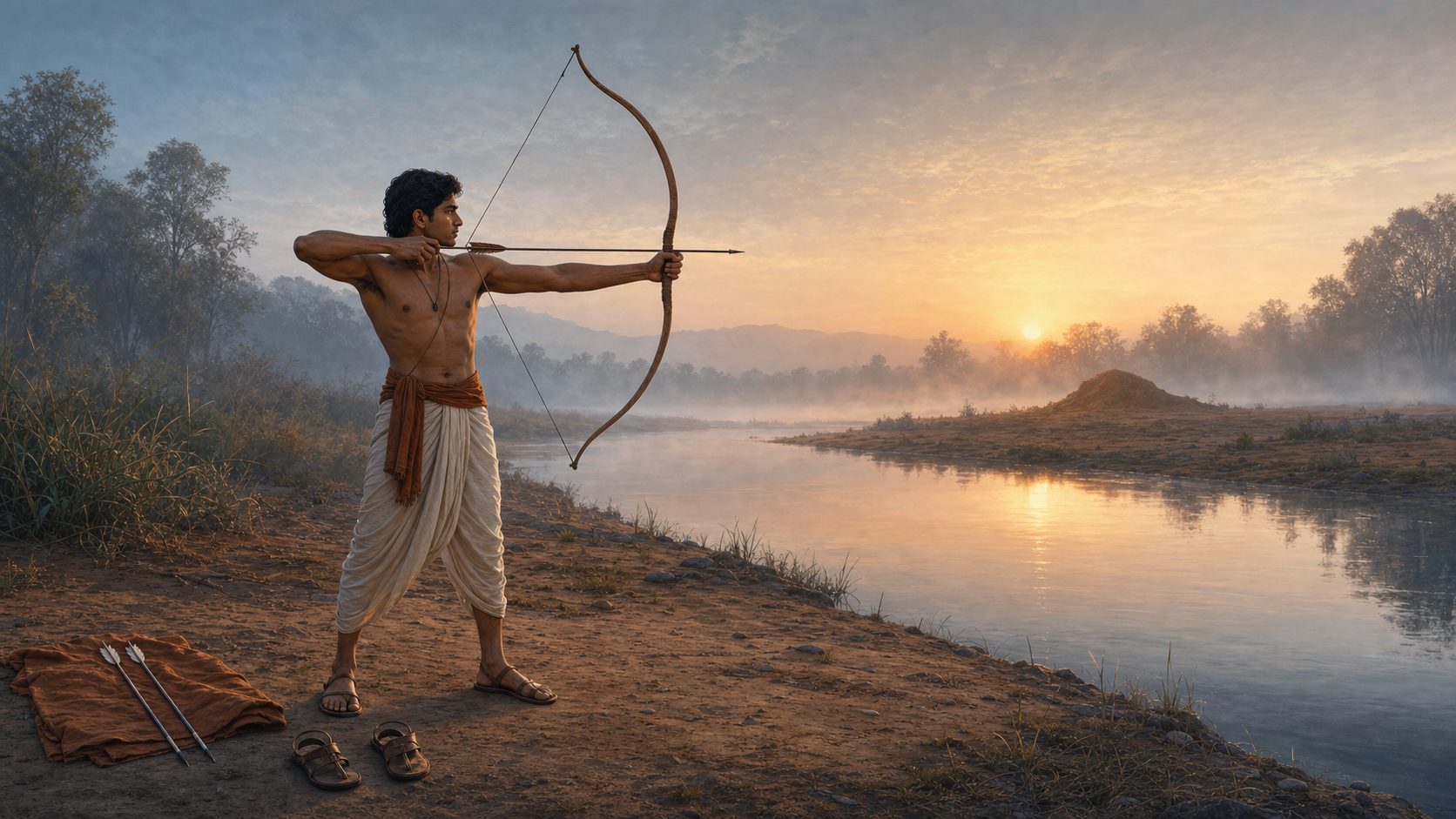 An archer draws a wooden bow at sunrise on an empty riverside practice ground.