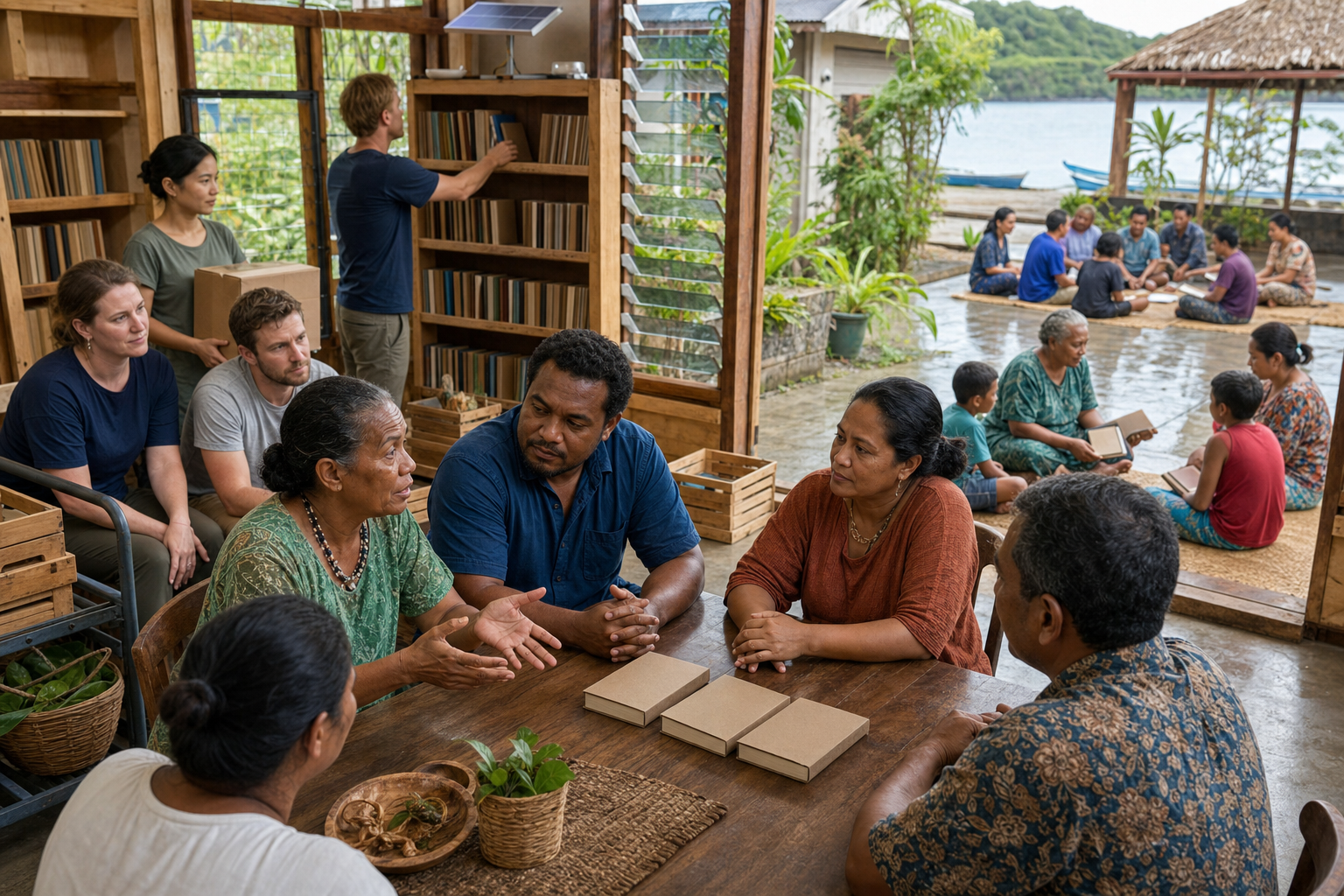 Local organizers lead sacred book distribution and reading circles in a community library while visiting partners provide practical support in the background.
