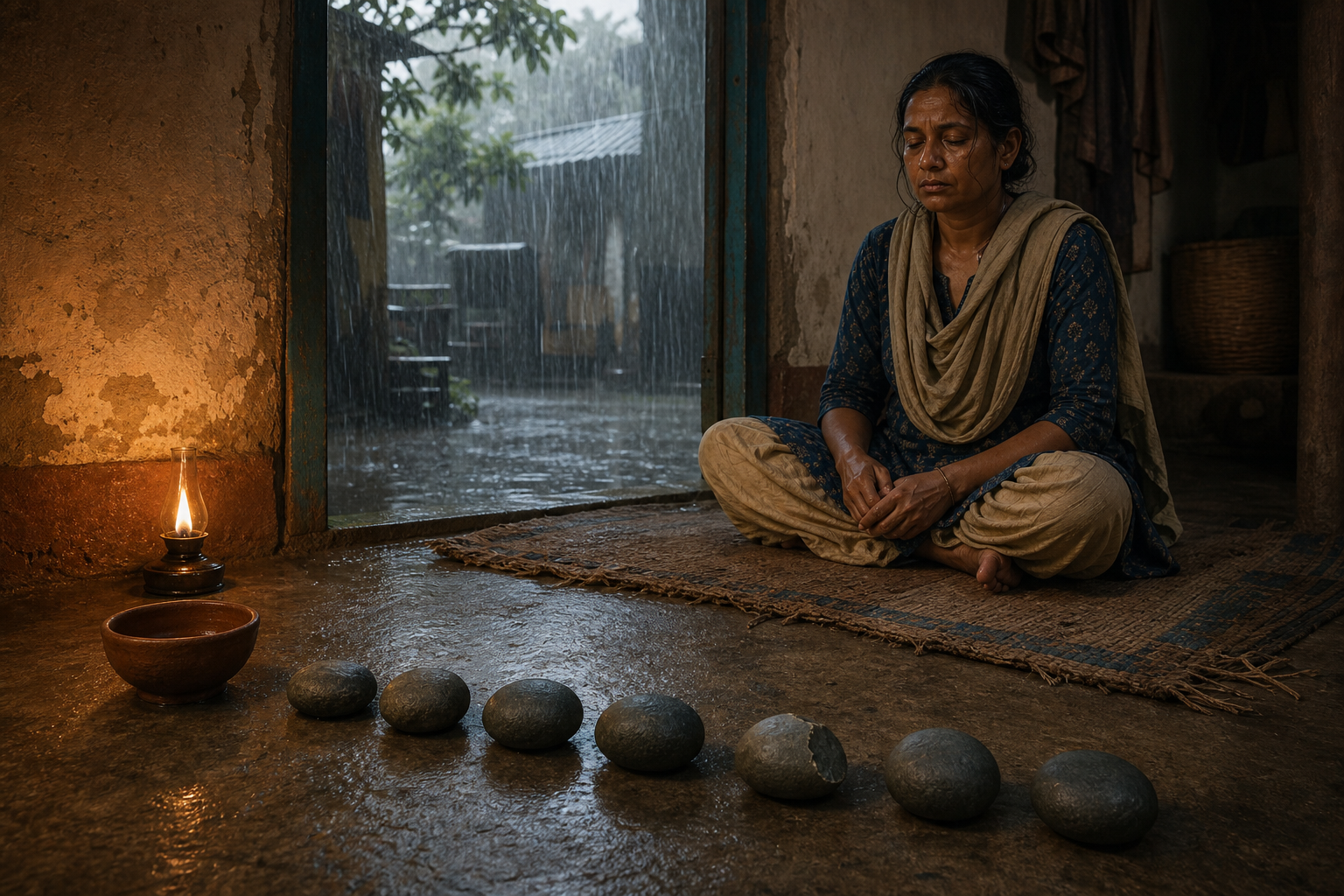 A person practices on a woven mat during heavy rain beside a row of seven plain river stones.