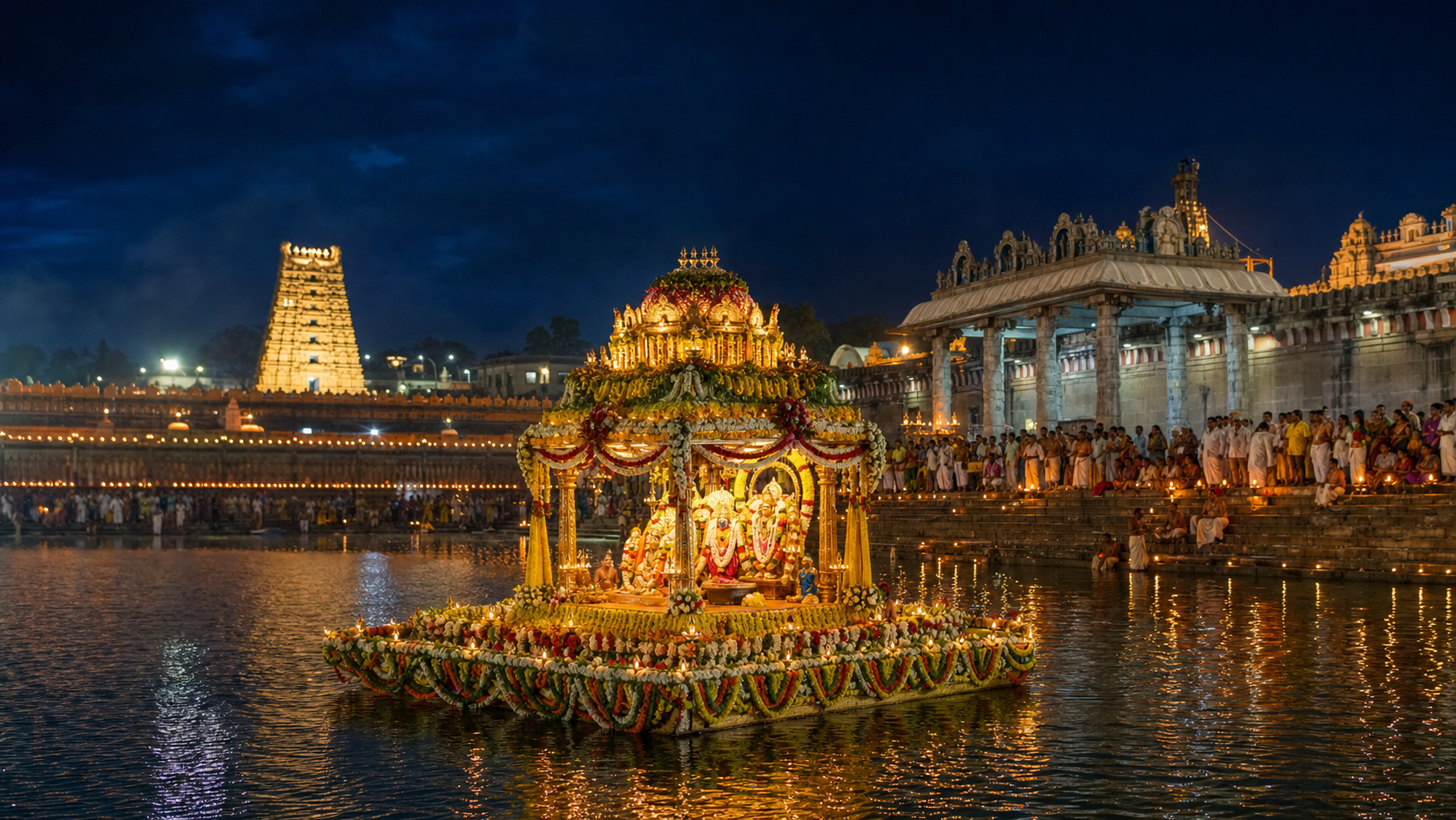 An illuminated ceremonial float crosses Swami Pushkarini at night as devotees watch from the stone steps beside the Tirumala temple complex.